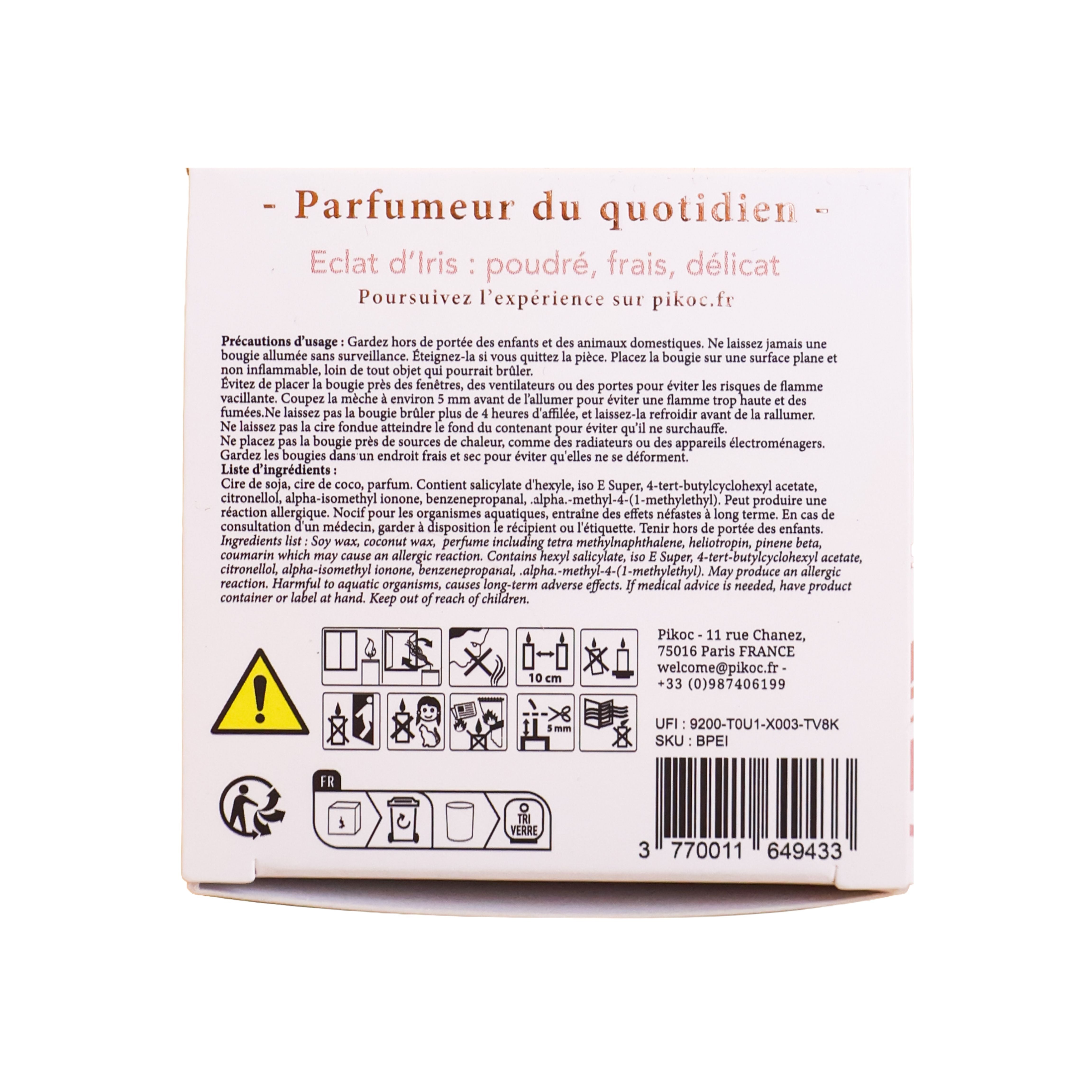 Détail réglementaire de la bougie parfumée Pikoc Éclat d’Iris