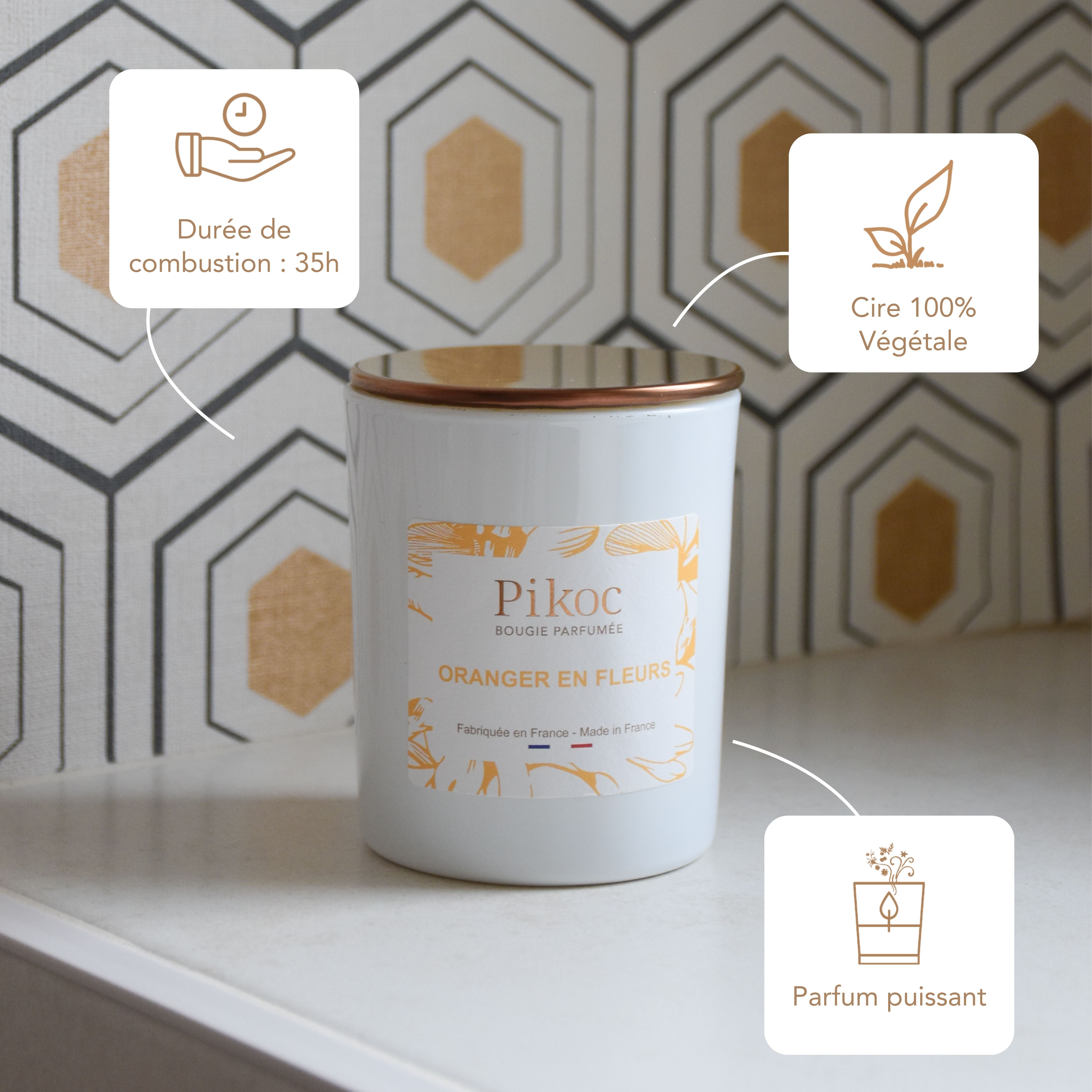 Bougie parfumée Pikoc Oranger en Fleurs, 150g, durée de combustion 35h, cire 100% végétale (soja et coco), parfum puissant