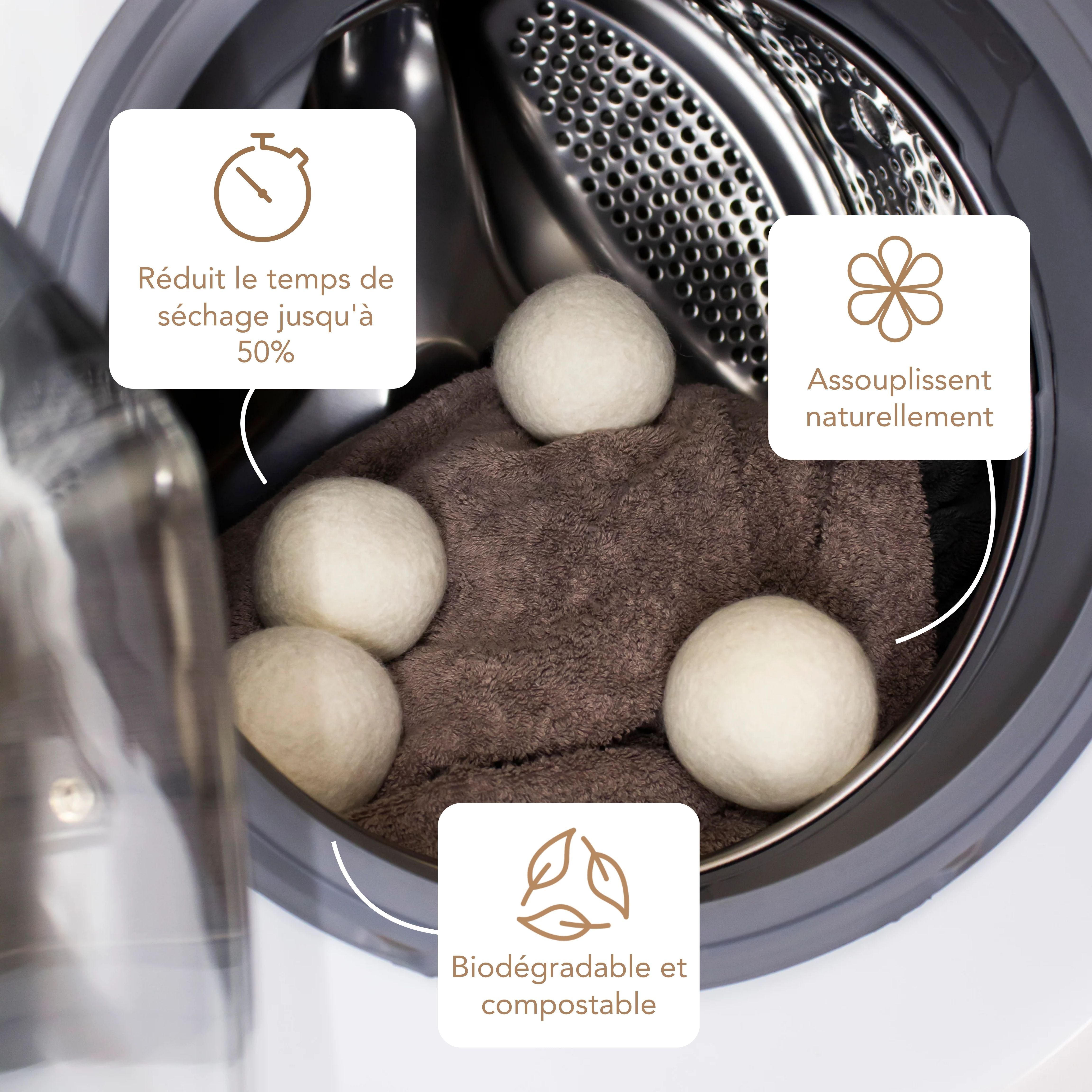 Boules de séchage Pikoc par 4, dans un sèche linge avec une serviette, réduit le temps de séchage jusqu’à 50%, assouplit naturellement, biodégradable et compostable