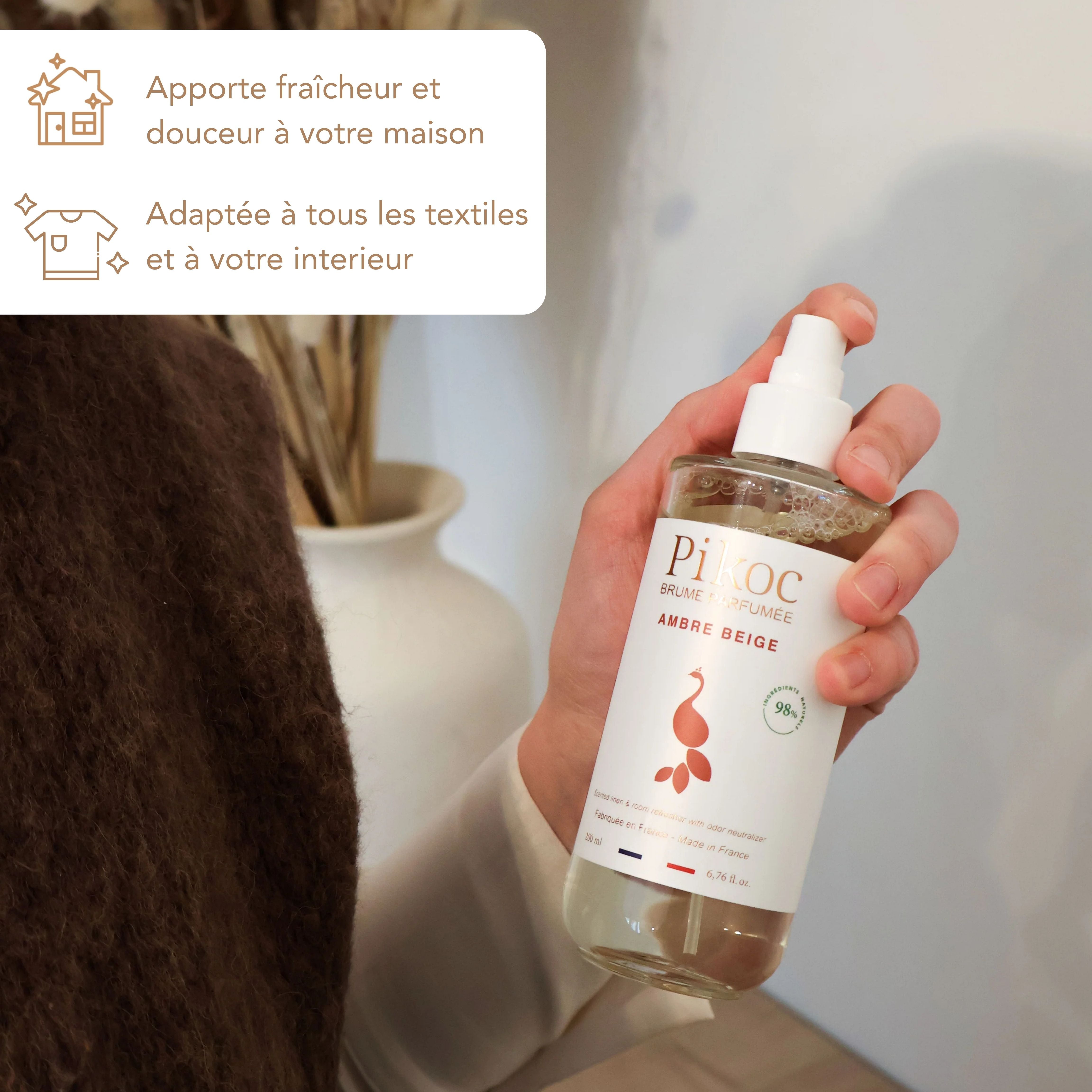 Brume Parfumée Pikoc Ambre Beige, 200mL, apporte fraîcheur et douceur à la maison, adaptée à tous les textiles et à l'intérieur