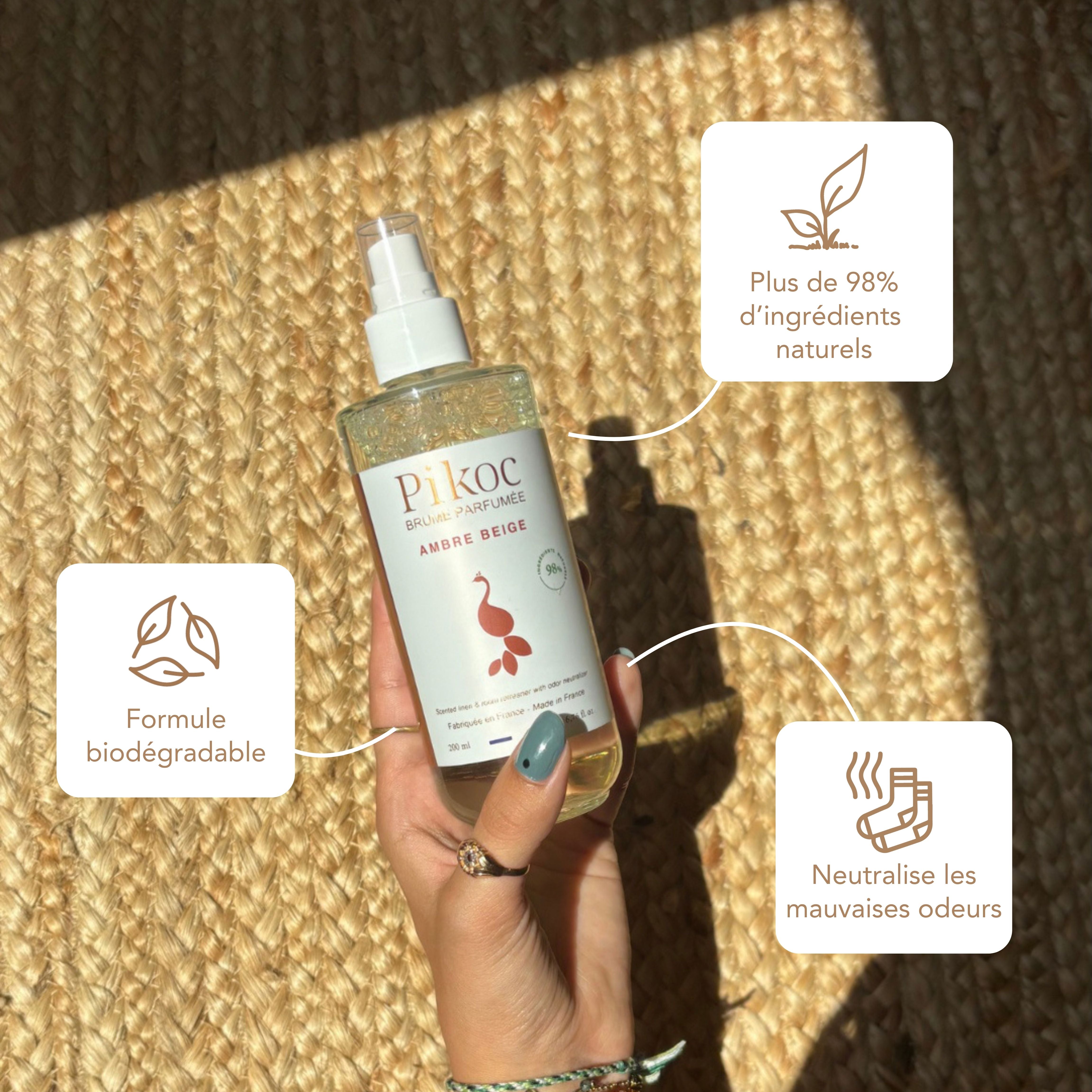 Brume Parfumée Pikoc Ambre Beige, 200mL, origine naturelle, formule biodégradable, neutralise les mauvaises odeurs
