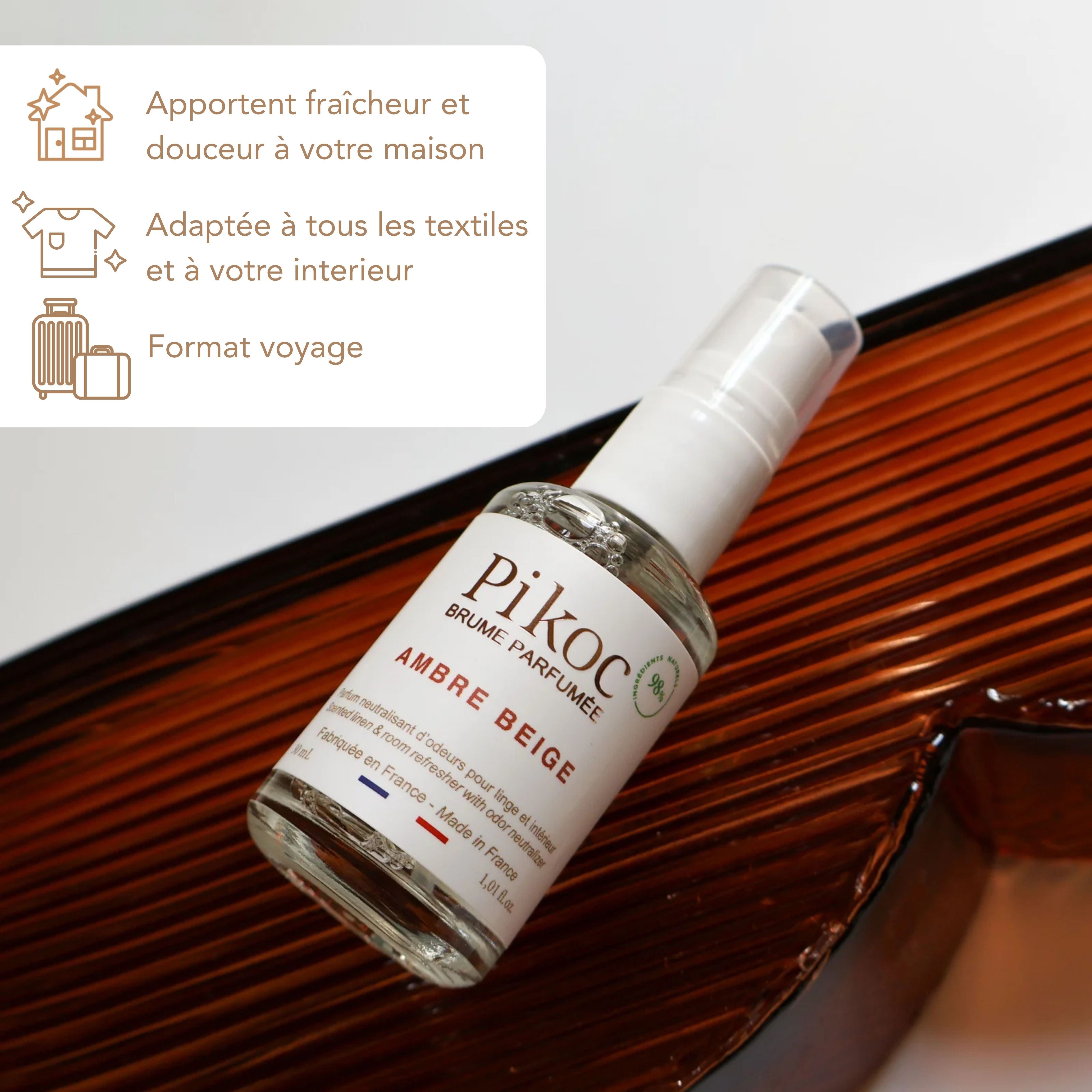 Brume Parfumée Pikoc Ambre Beige, 30mL, apporte fraîcheur et douceur à la maison, adaptée à tous les textiles et à l'intérieur, format voyage