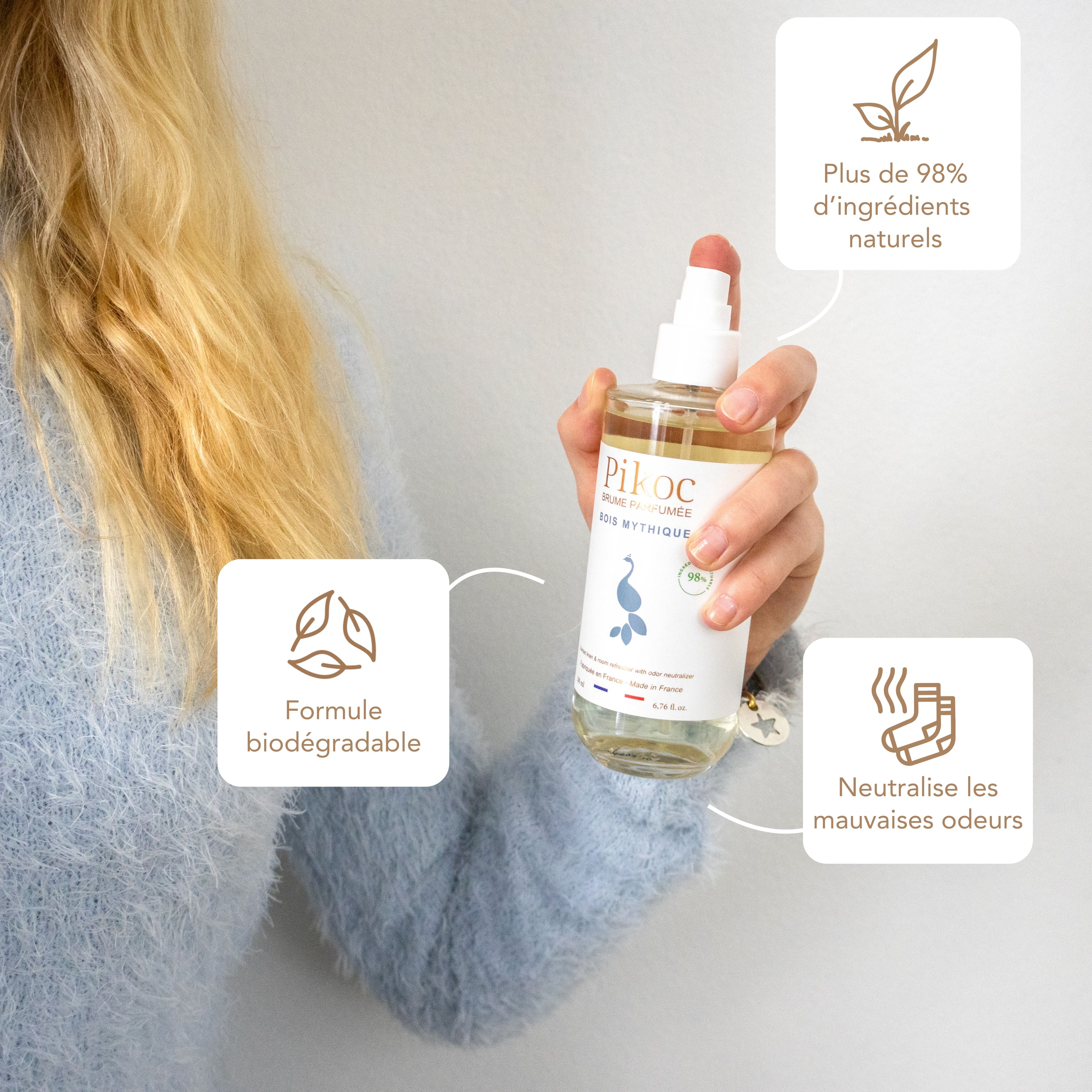 Brume Parfumée Pikoc Bois Mythique, 200mL, origine naturelle, formule biodégradable, neutralise les mauvaises odeurs