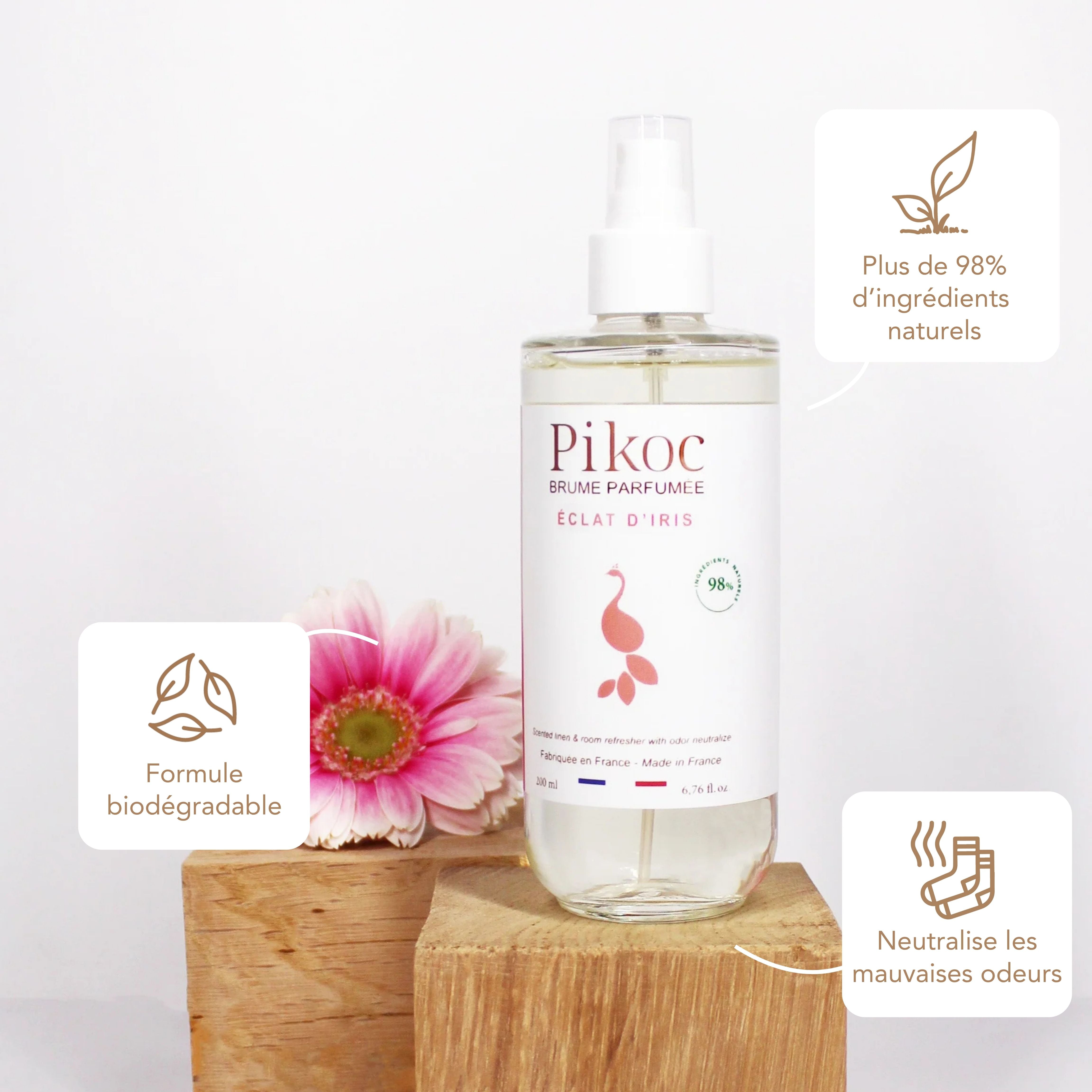 Brume Parfumée Pikoc Éclat d’Iris, 200mL, origine naturelle, formule biodégradable, neutralise les mauvaises odeurs