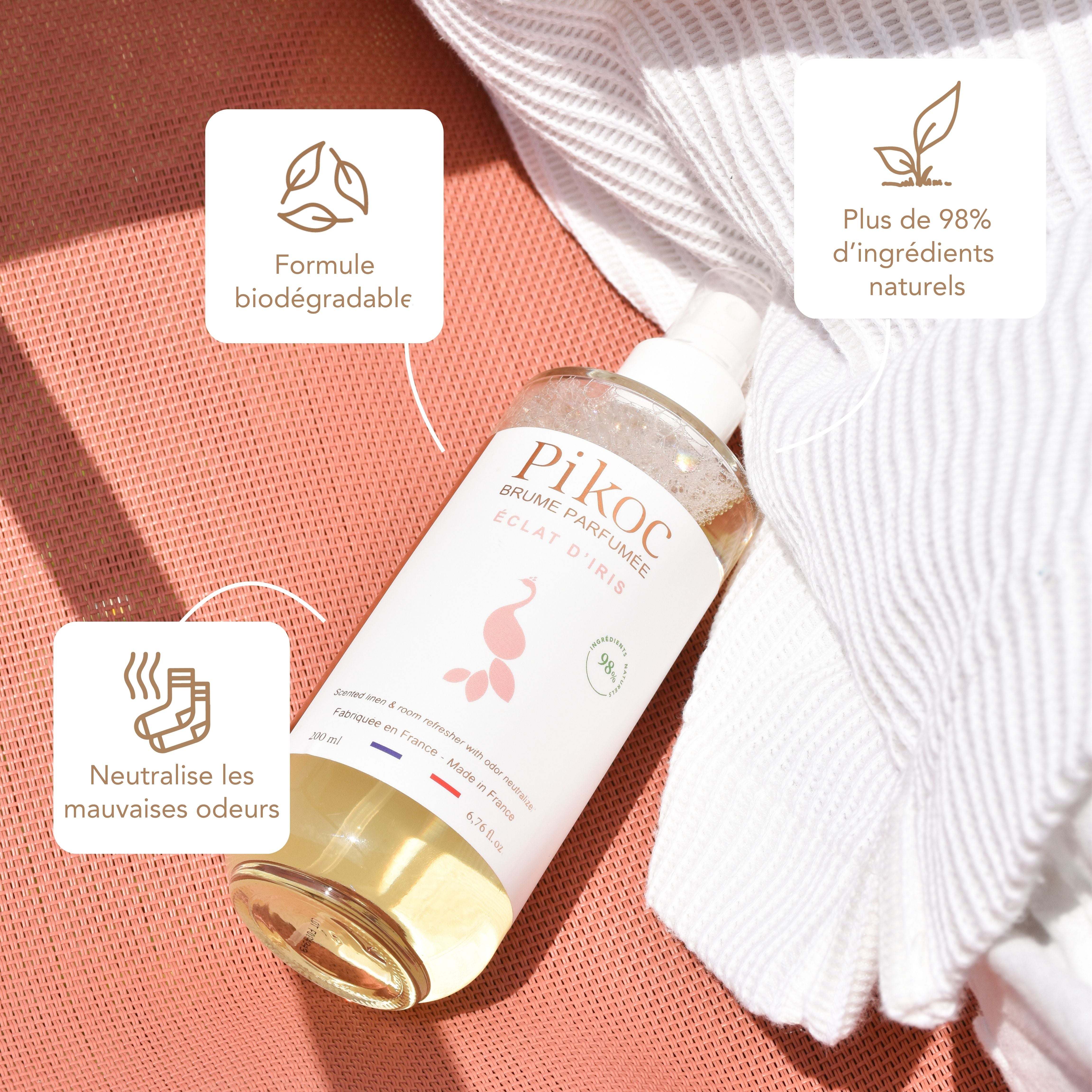 Brume Parfumée Pikoc Éclat d’Iris, 200mL, origine naturelle, formule biodégradable, neutralise les mauvaises odeurs