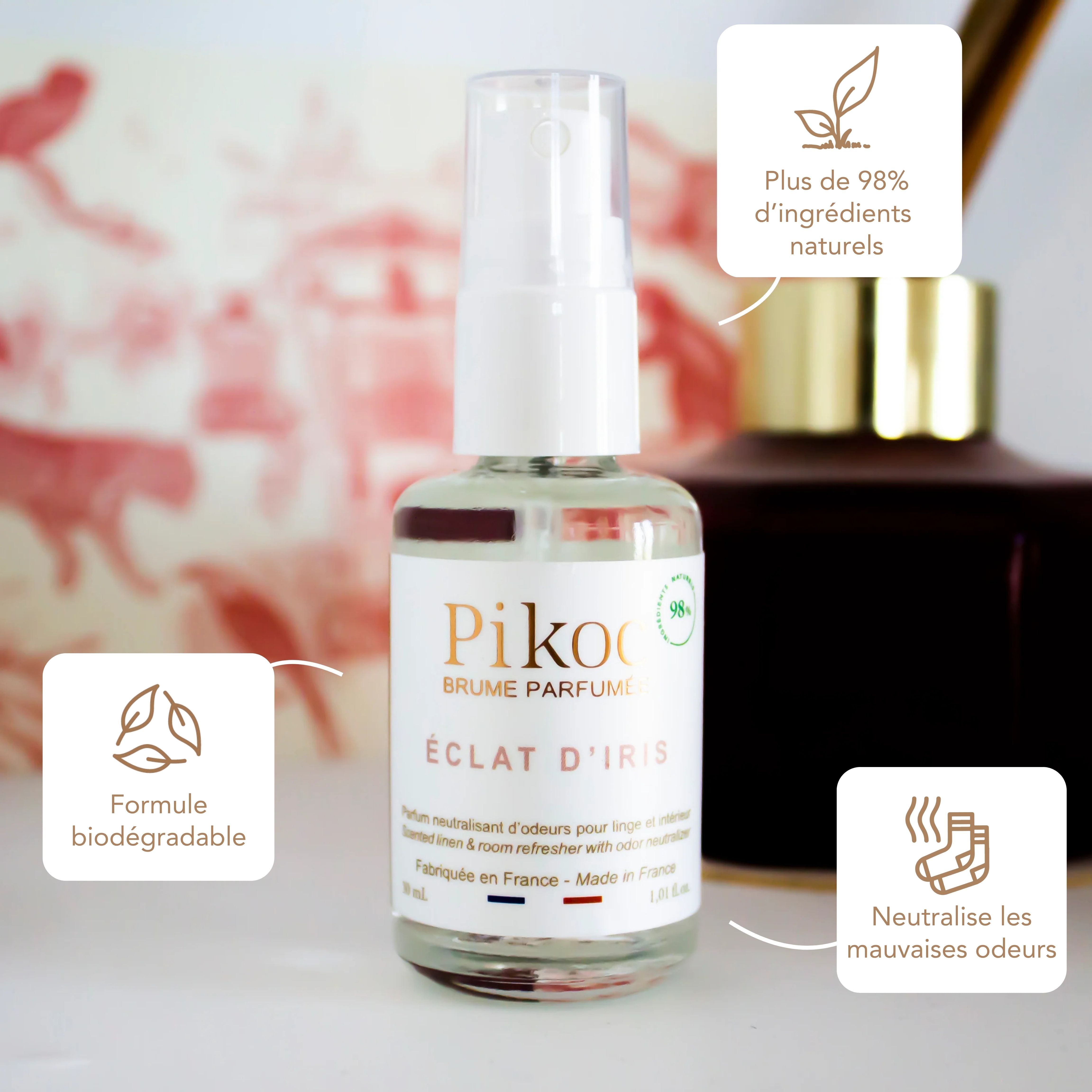 Brume Parfumée Pikoc Éclat d’Iris, 30mL, origine naturelle, formule biodégradable, neutralise les mauvaises odeurs