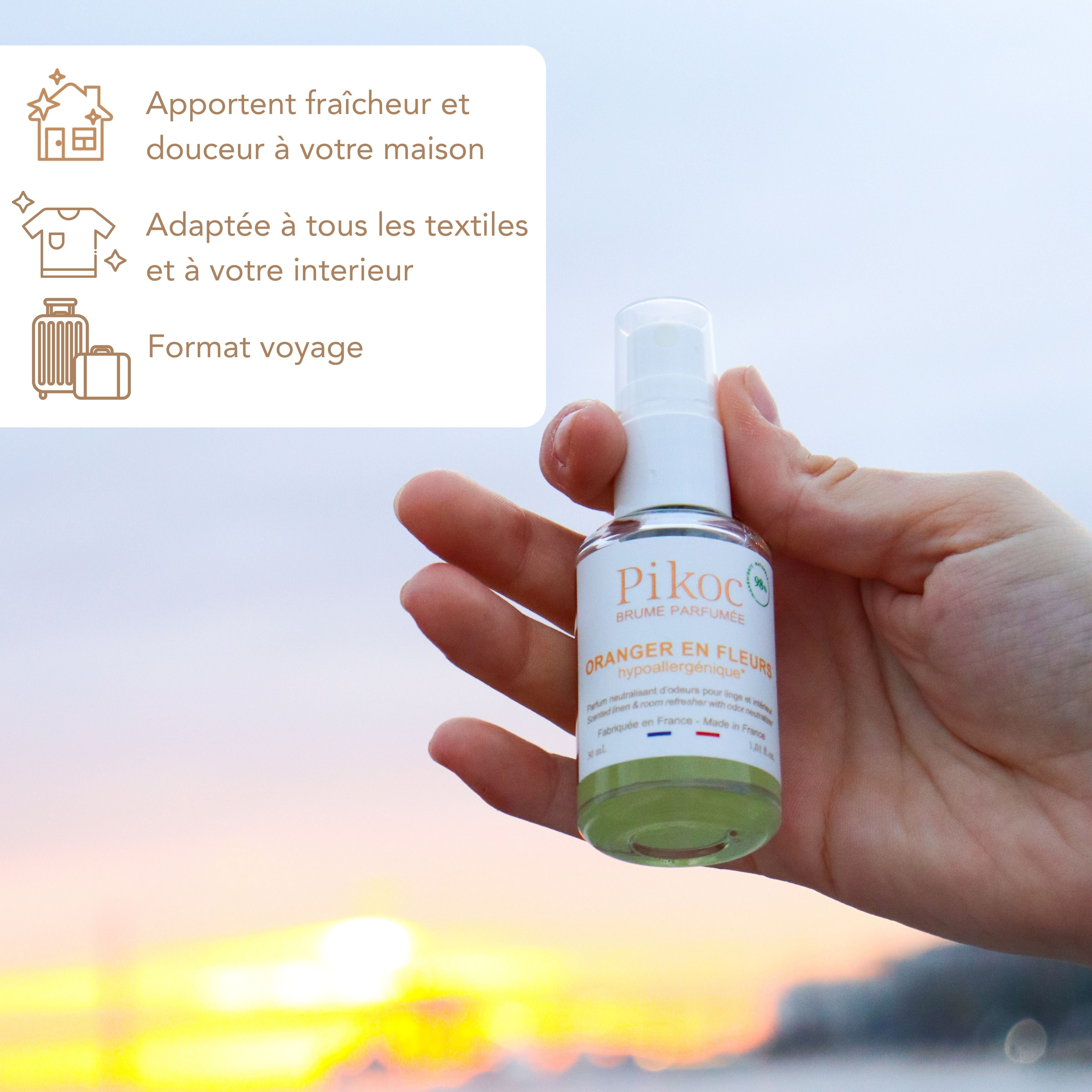 Brume Parfumée Pikoc Oranger en Fleurs, 30mL, apporte fraîcheur et douceur à la maison, adaptée à tous les textiles et à l'intérieur, format voyage