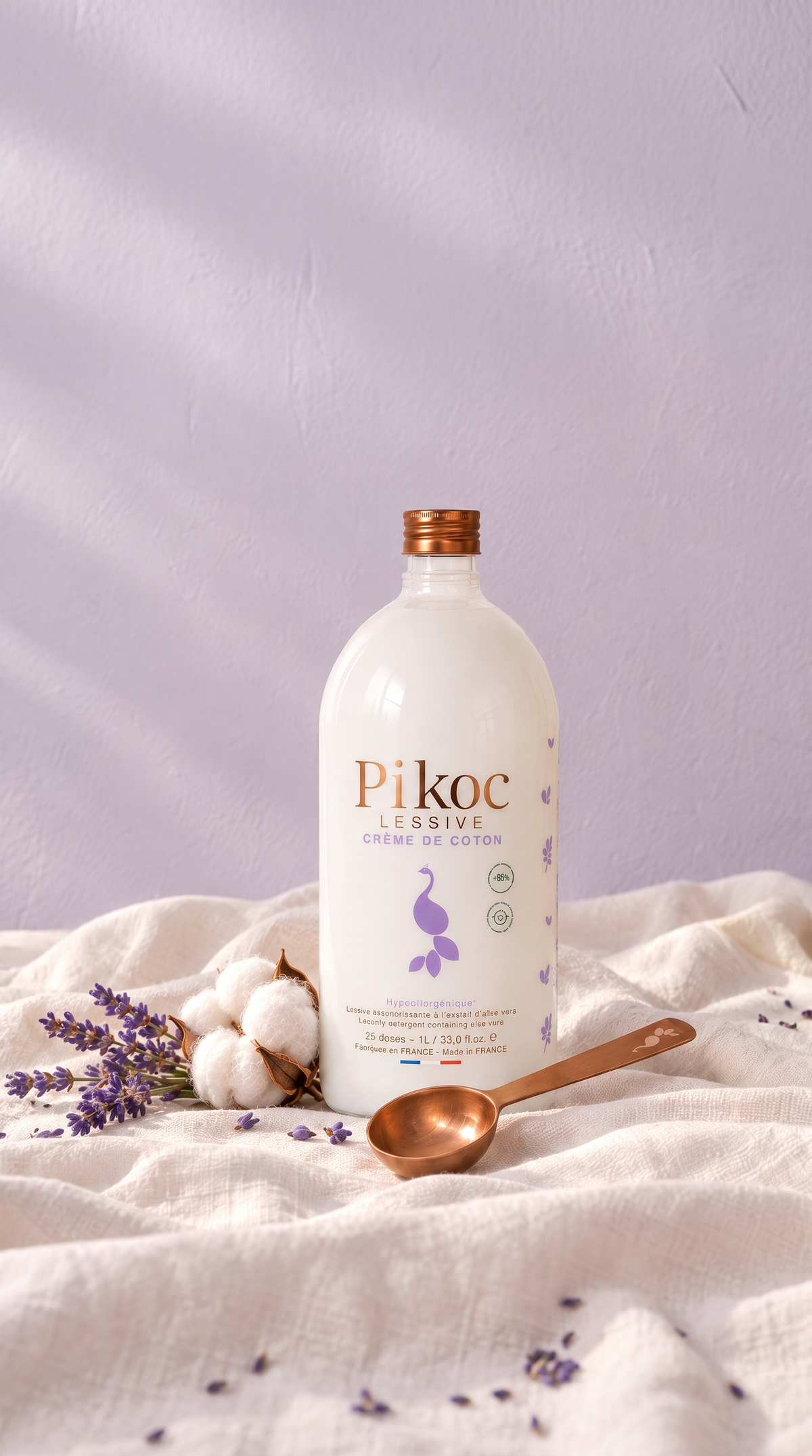 Lessive Pikoc Crème de Coton sur un drap blanc, fleurs de coton, lavande et cuillère doseuse
