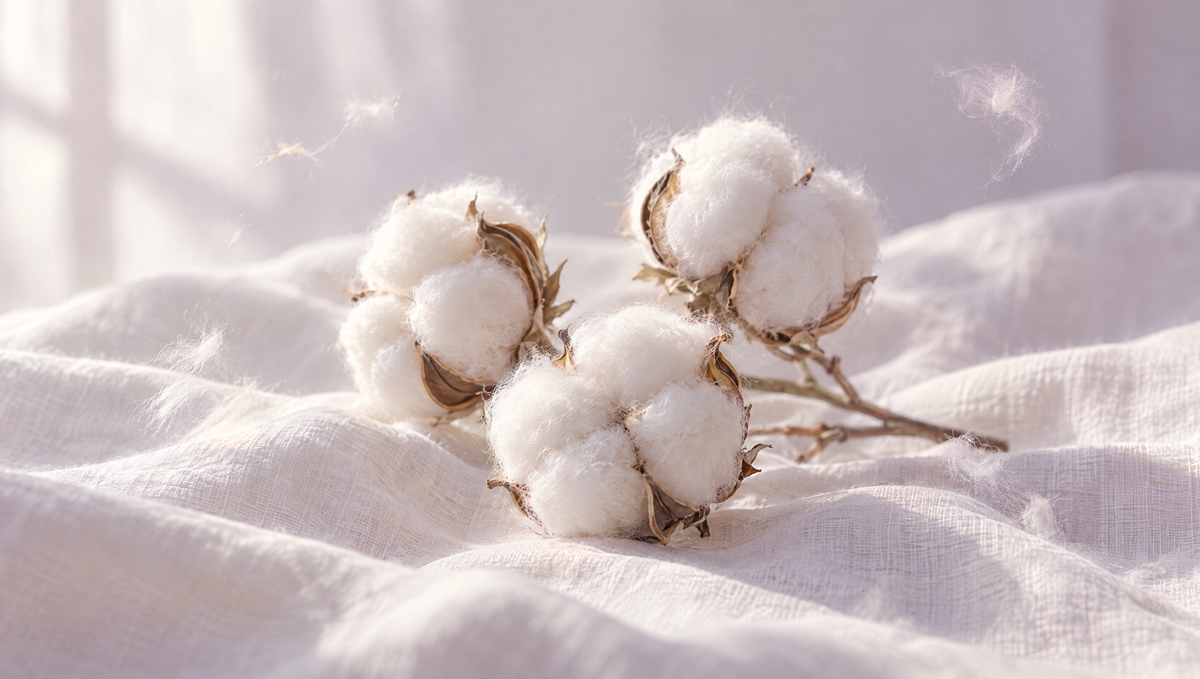 Fleurs de coton sur du lin blanc