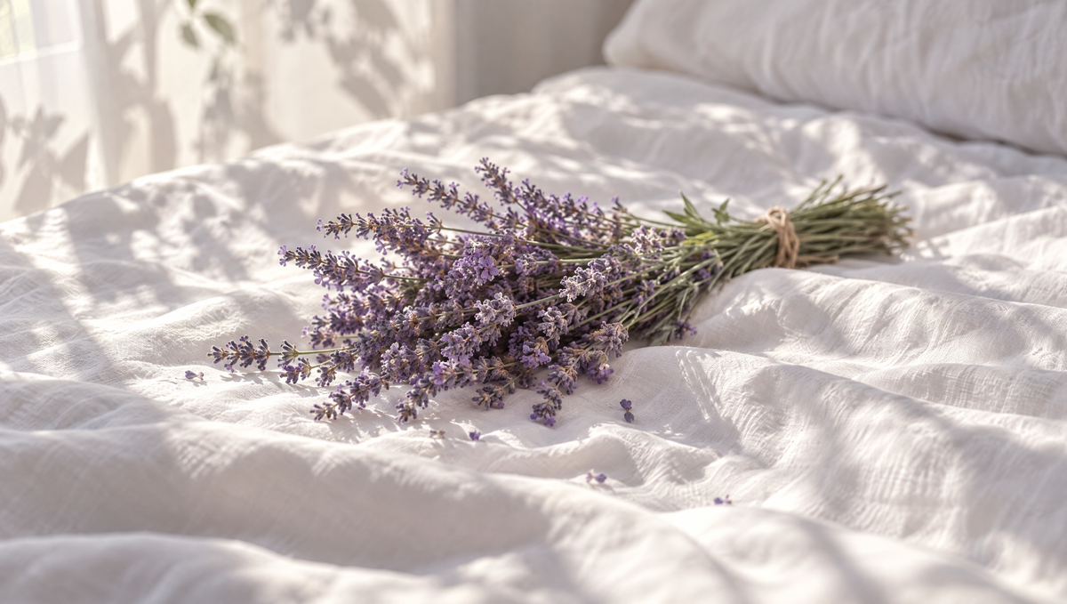 Brins de lavande sur un drap de coton blanc