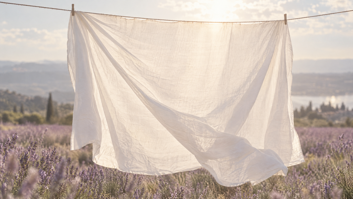Drap blanc qui sèche au grand air devant un champ de lavande