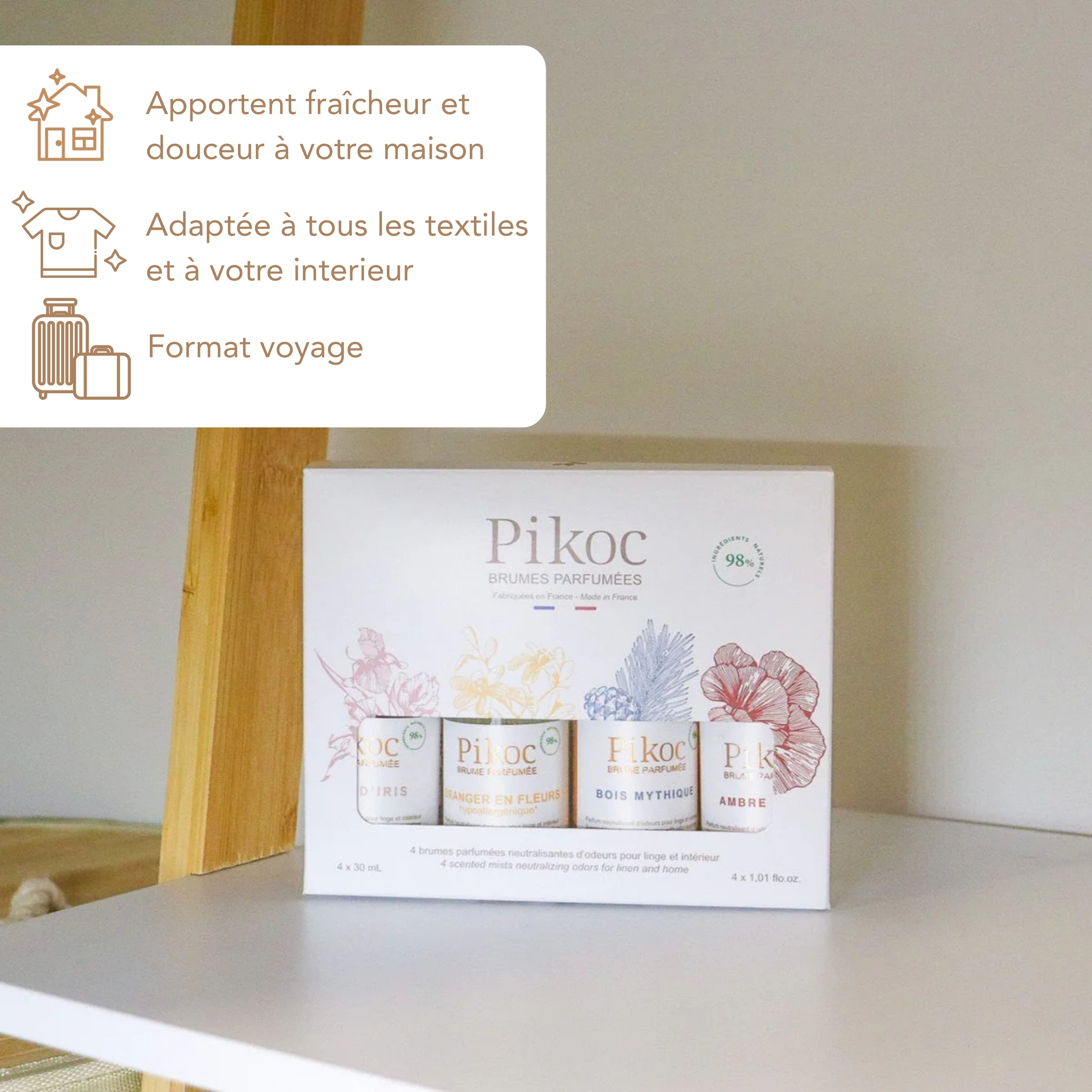 Coffret découverte Pikoc brumes parfumées 30mL, apporte fraîcheur et douceur à la maison, adaptée à tous les textiles et à l’intérieur, format voyage