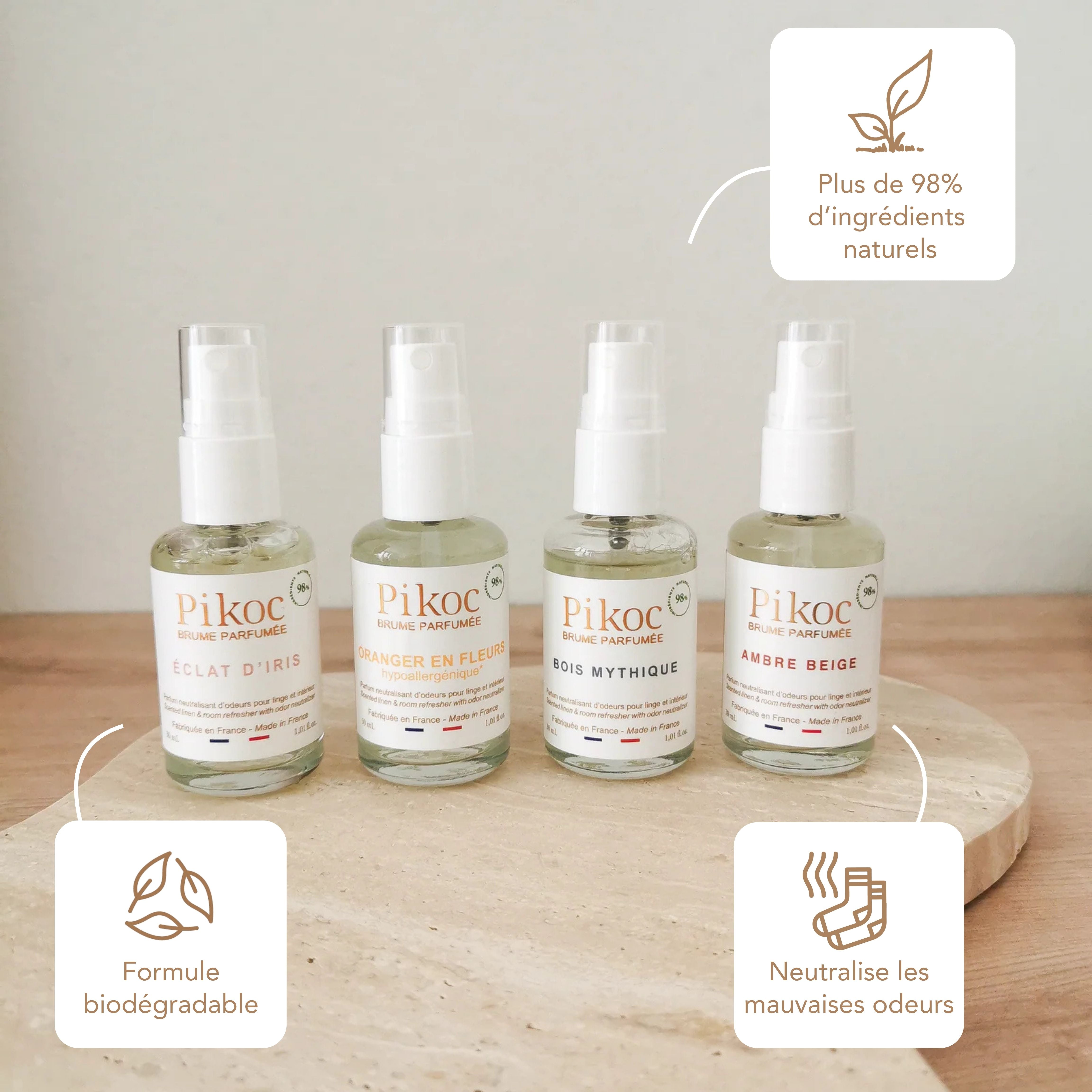 Coffret découverte Pikoc brumes parfumées 30mL, origine naturelle, formule biodégradable, neutralise les mauvaises odeurs