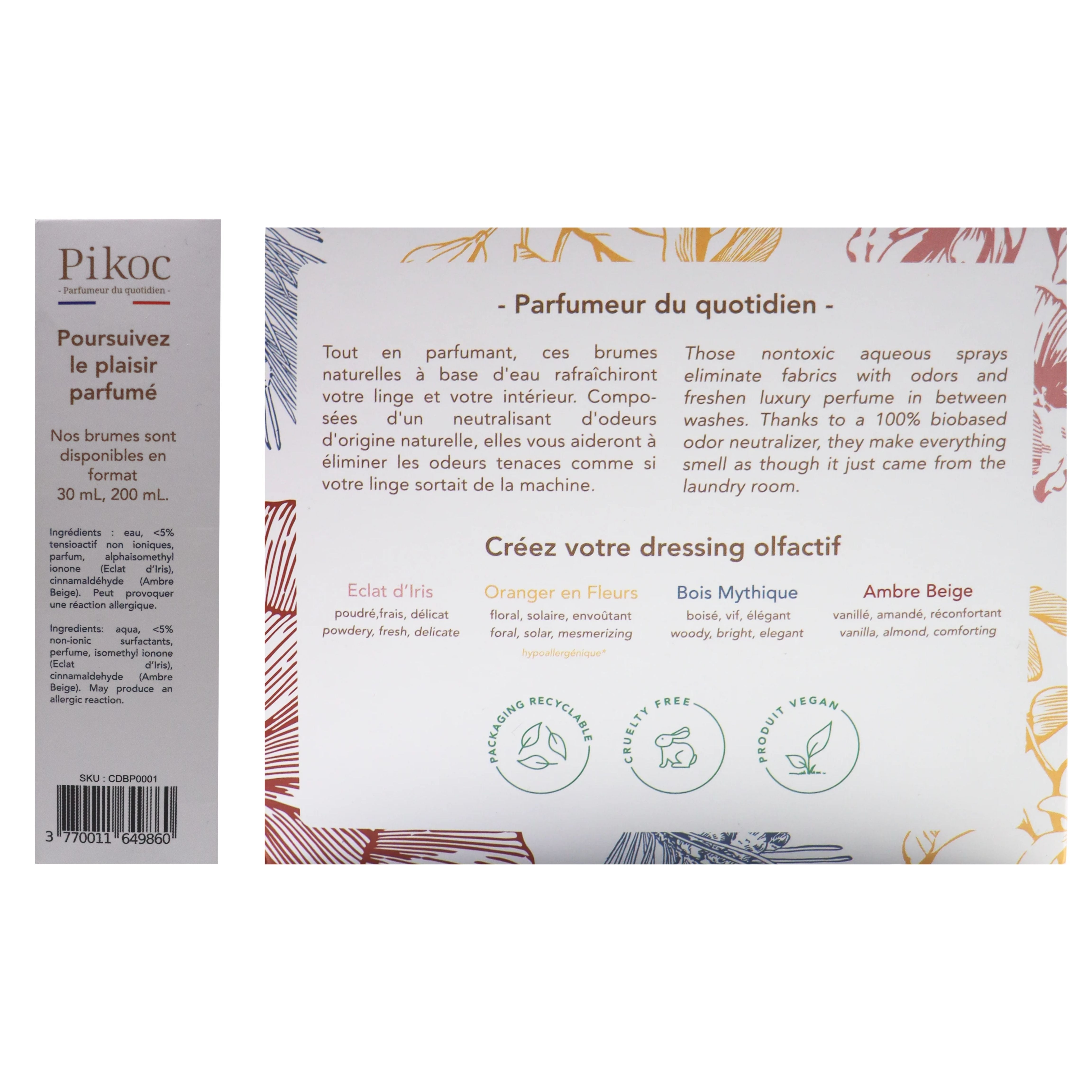 Détail réglementaire du coffret découverte brumes parfumées Pikoc