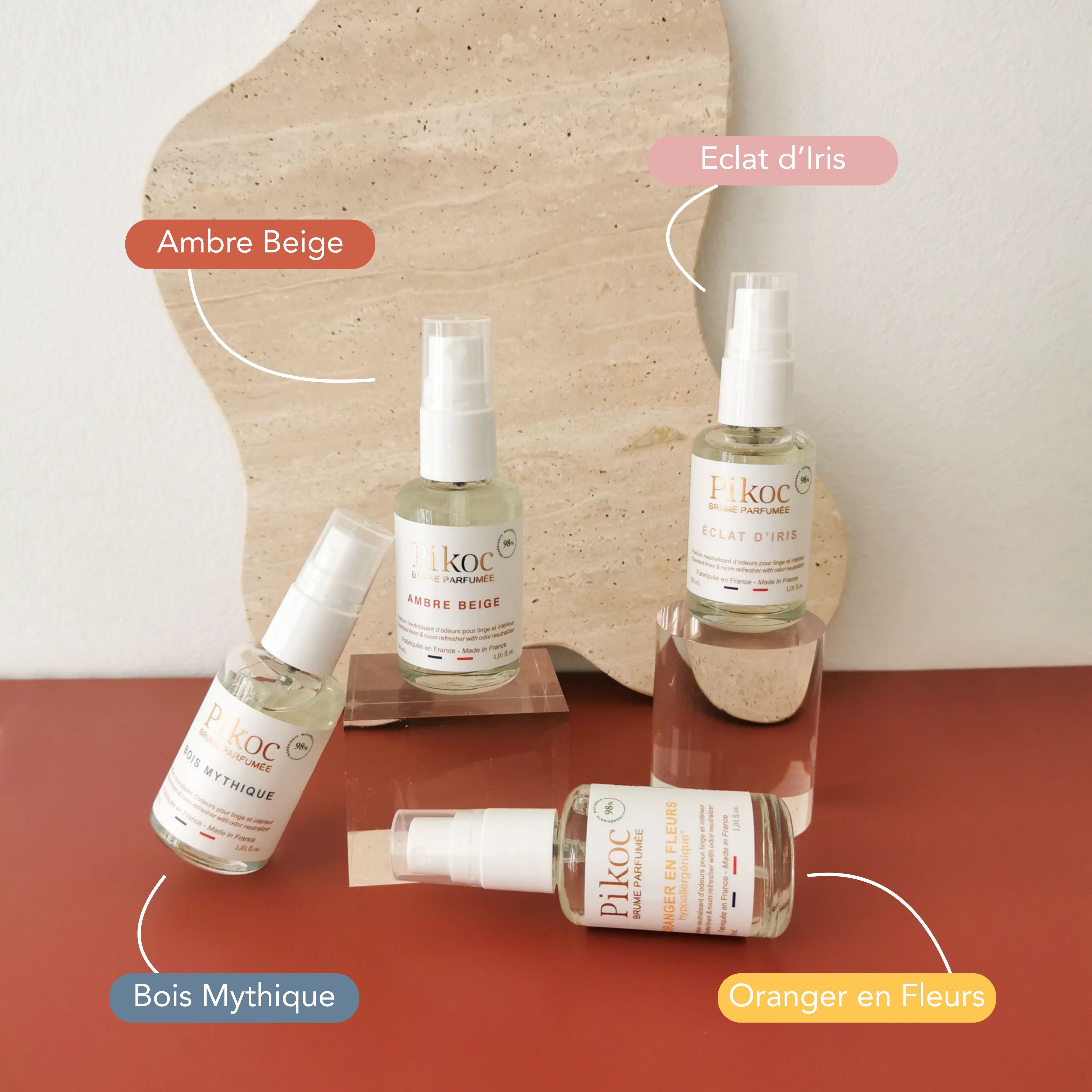 Coffret découverte Pikoc brumes parfumées 30mL, découverte de toutes les fragrances, Oranger en Fleurs, Éclat d’Iris, Bois Mythique, Ambre Beige