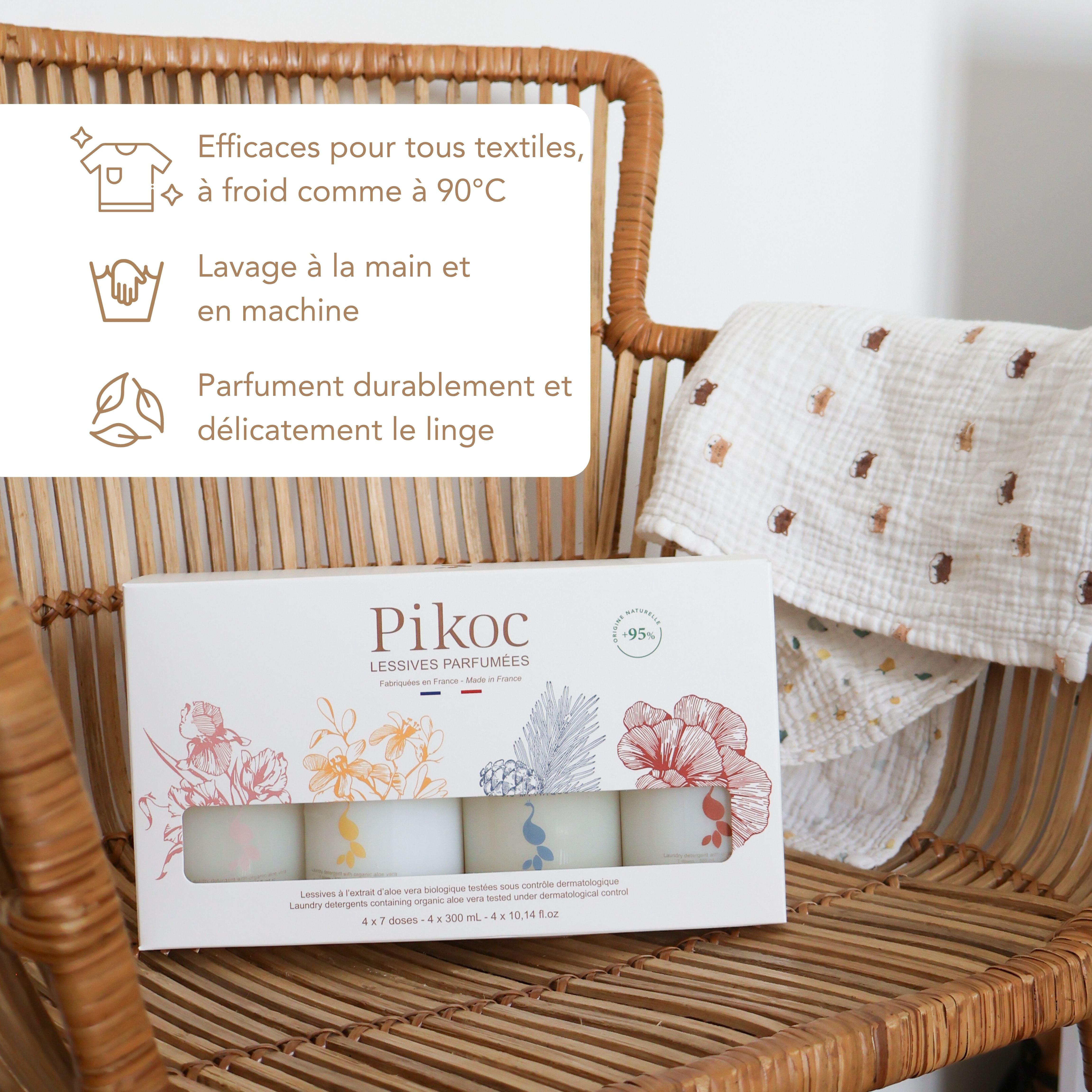 Coffret découverte Pikoc lessives 300mL, efficace pour tous textiles, à froid comme à 90°C, lavage à la main et en machine, parfume durablement et délicatement le linge