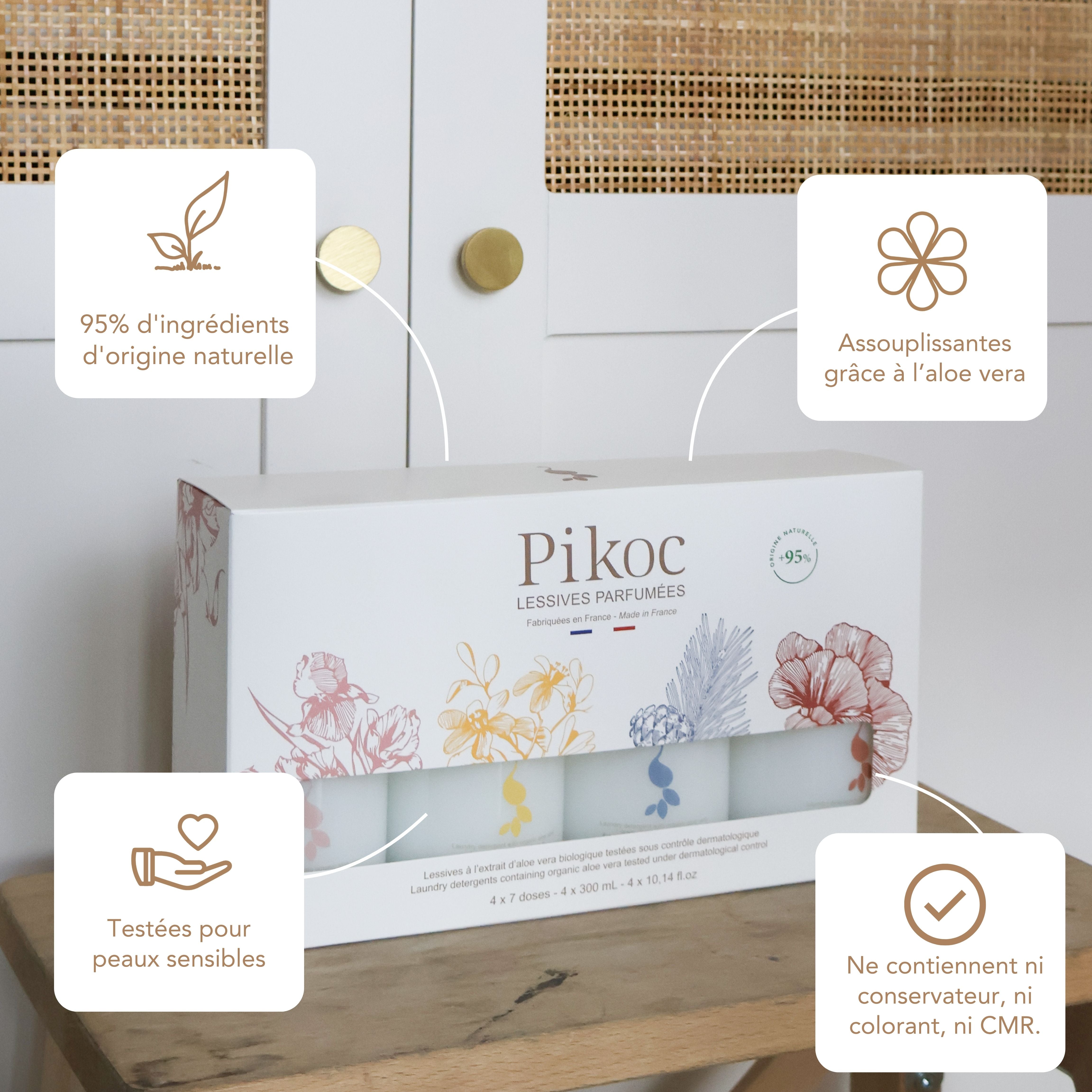 Coffret découverte Pikoc lessives 300mL, origine naturelle, assouplissante grâce à l’aloe vera, testée pour peaux sensible, sans produits controversés