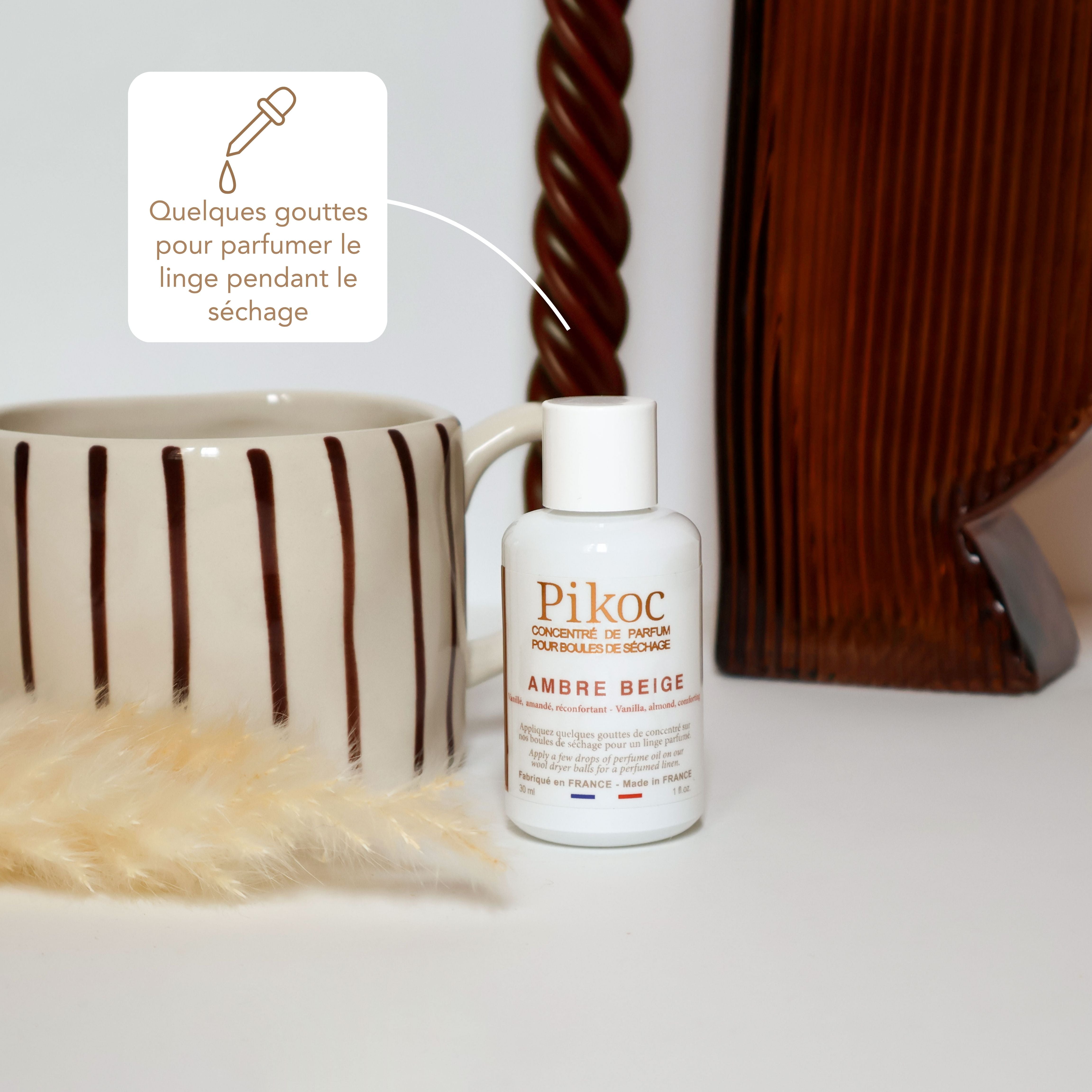Concentré de parfum Pikoc Ambre Beige, 30mL, quelques gouttes suffisent pour parfumer le linge pendant le séchage