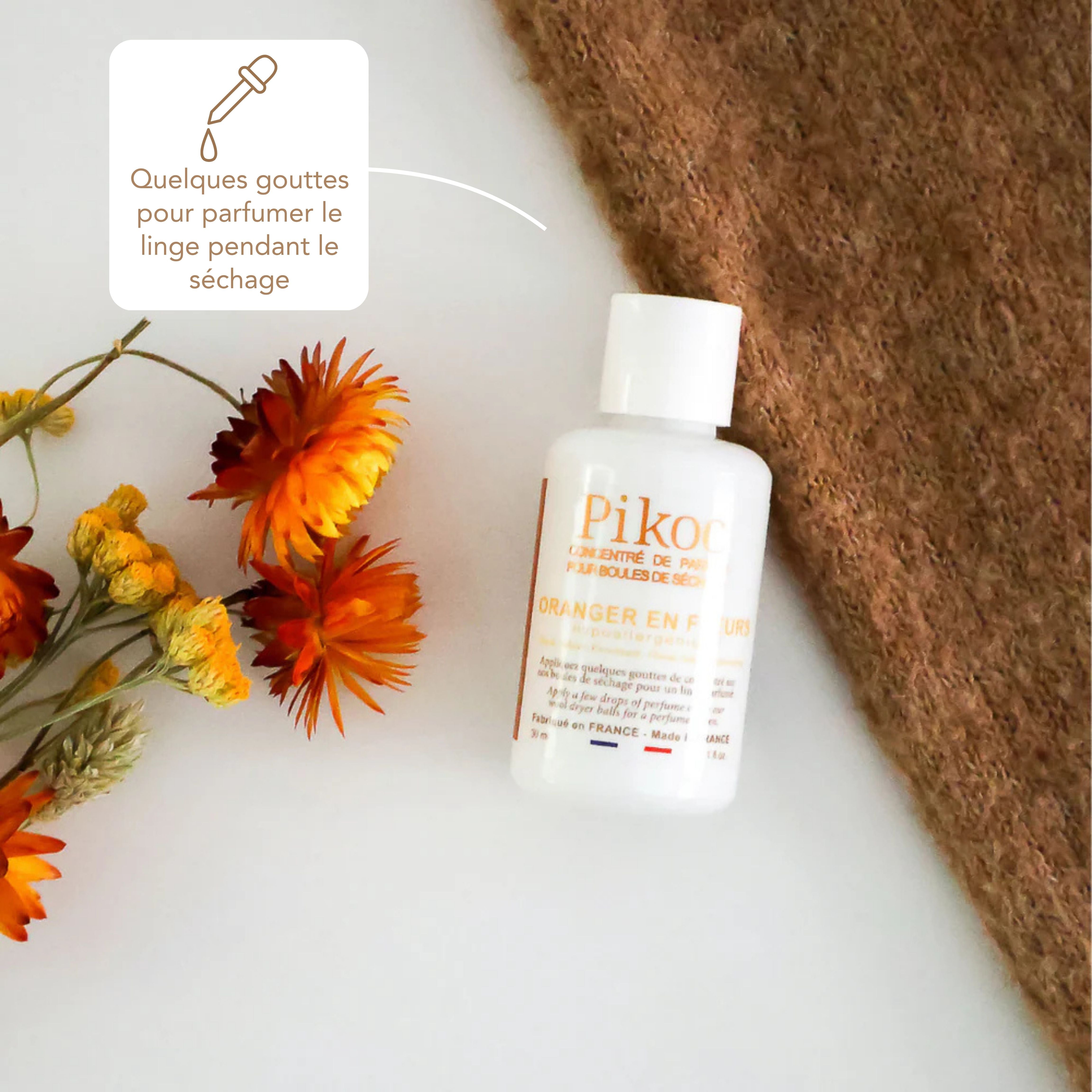 Concentré de parfum Pikoc Oranger en Fleurs, 30mL, quelques gouttes suffisent pour parfumer le linge pendant le séchage