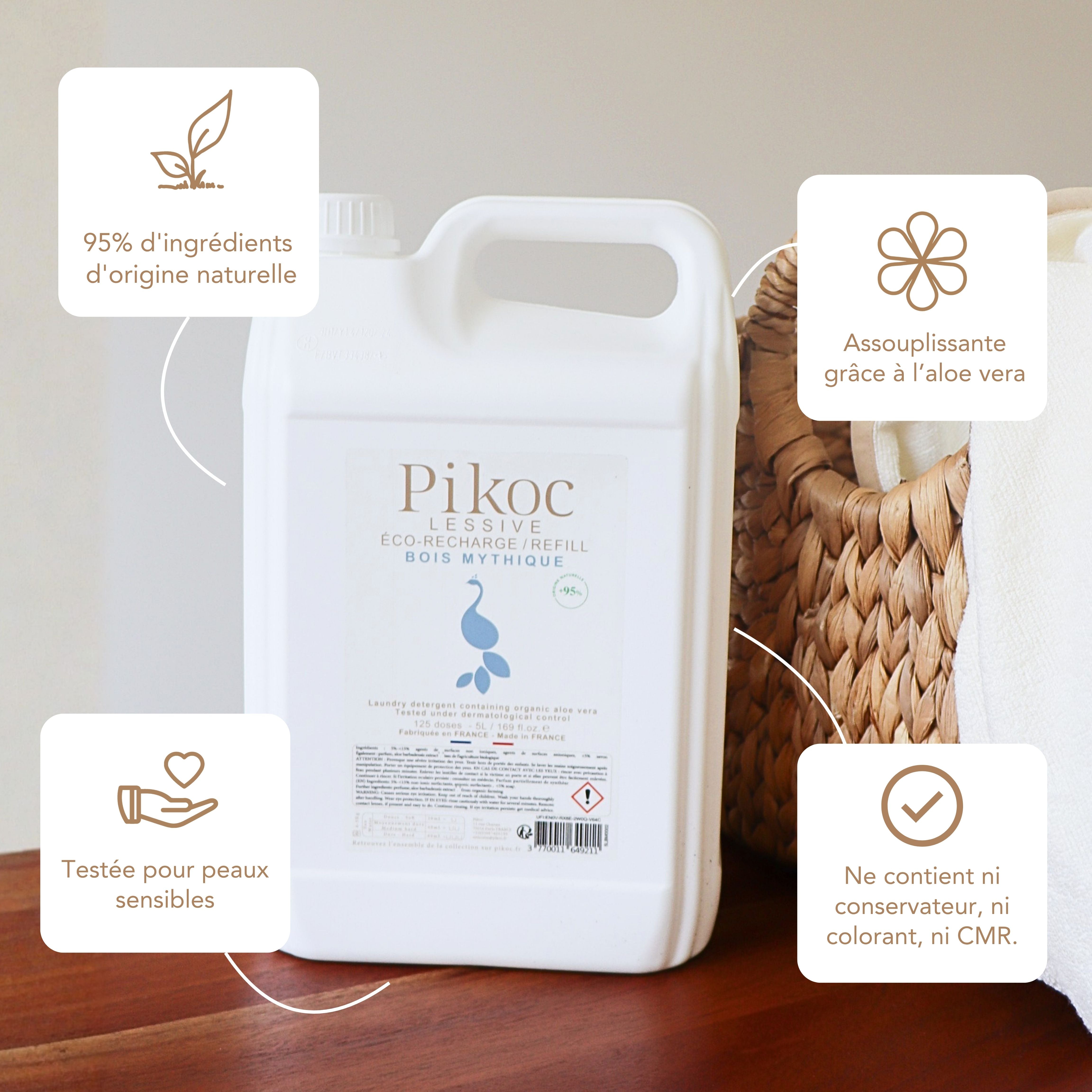 Éco-recharge Lessive Pikoc Bois Mythique, 5L, origine naturelle, assouplissante grâce à l’aloe vera, testée pour peaux sensible, sans produits controversés