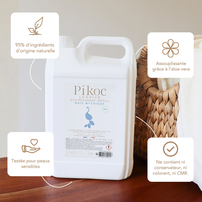 Éco-recharge Lessive Pikoc Bois Mythique, 5L, origine naturelle, assouplissante grâce à l’aloe vera, testée pour peaux sensible, sans produits controversés
