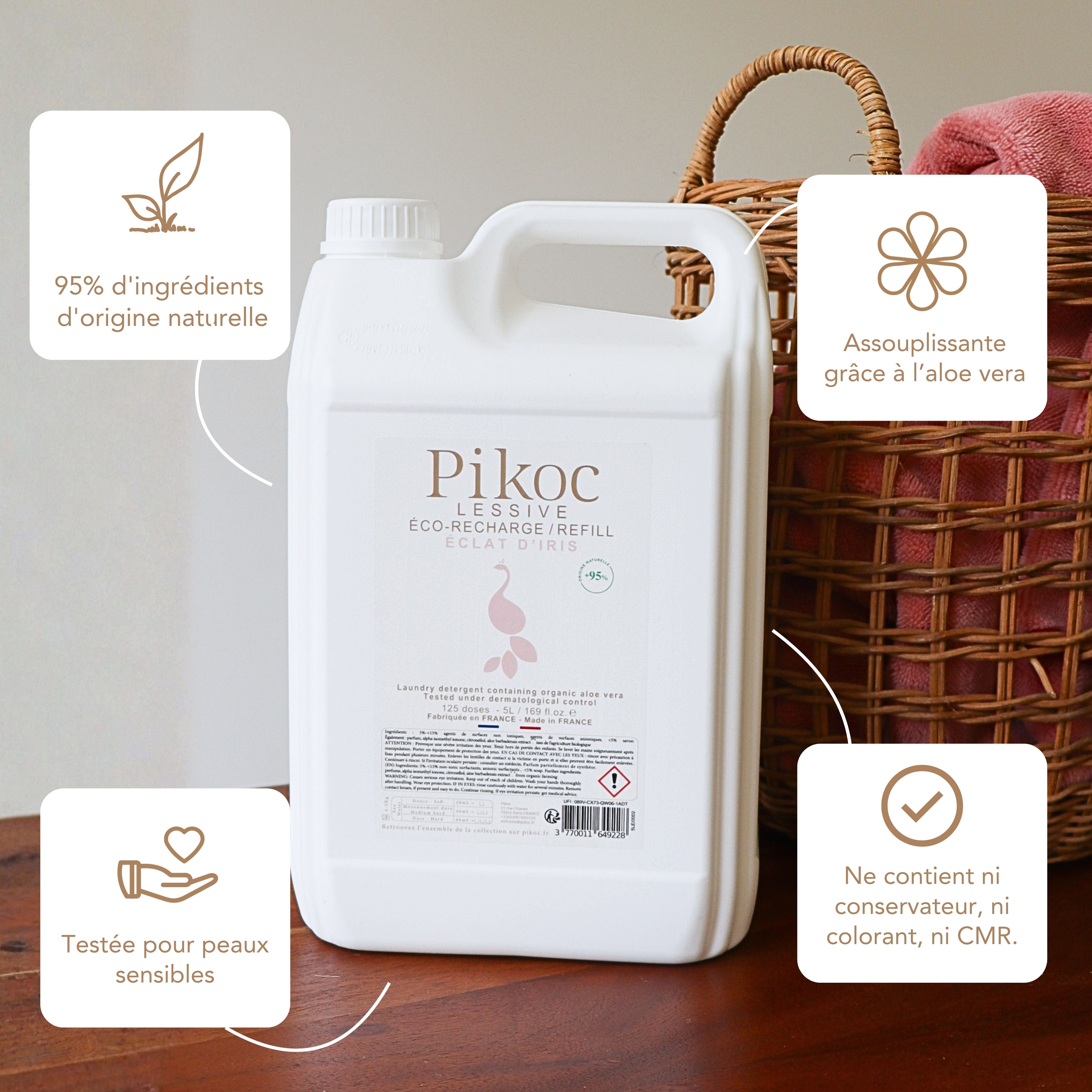 Éco-recharge Lessive Pikoc Éclat d’Iris, 5L, origine naturelle, assouplissante grâce à l’aloe vera, testée pour peaux sensible, sans produits controversés