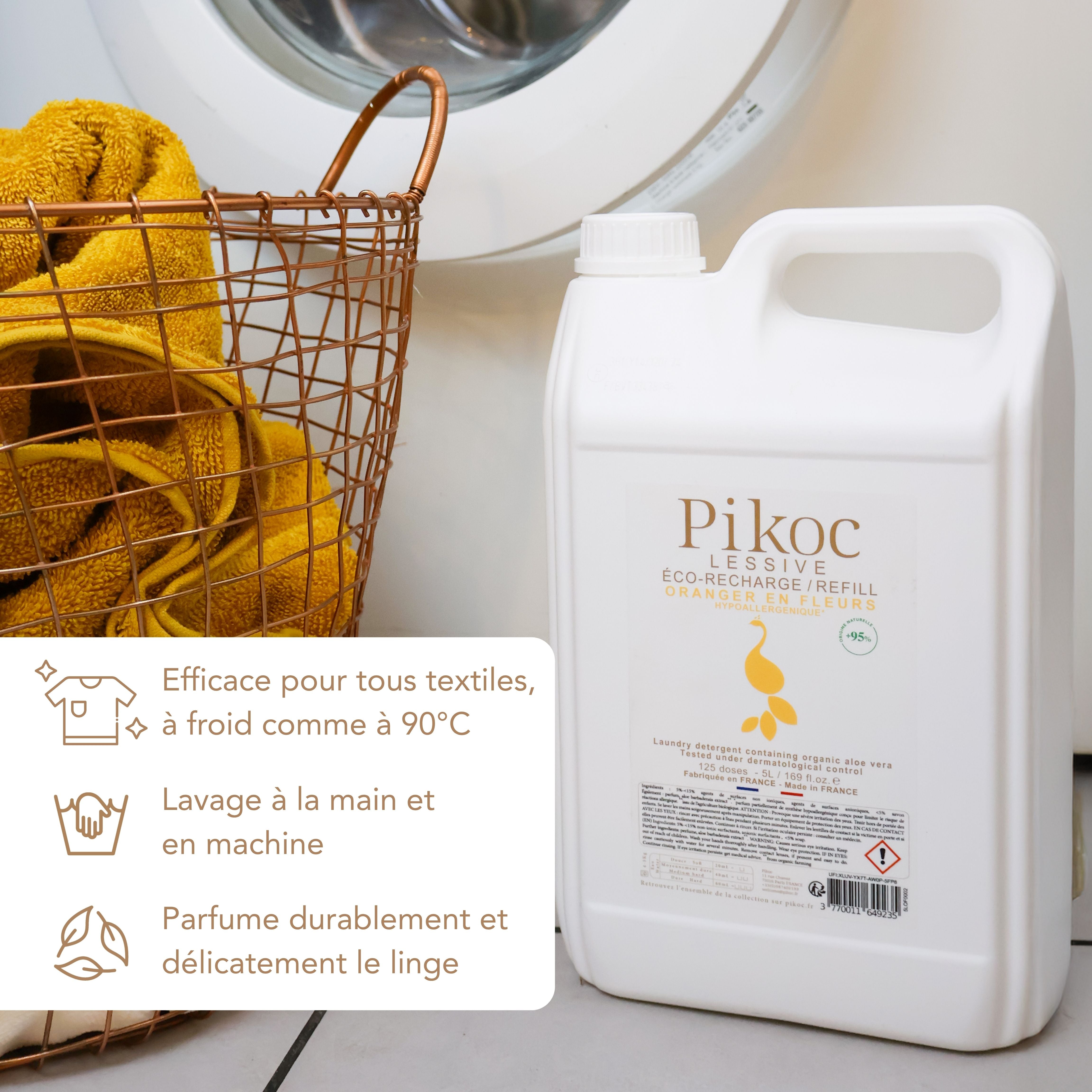 Éco-recharge Lessive Pikoc Oranger en Fleurs, 5L, efficace pour tous textiles, à froid comme à 90°C, lavage à la main et en machine, parfume durablement et délicatement le linge