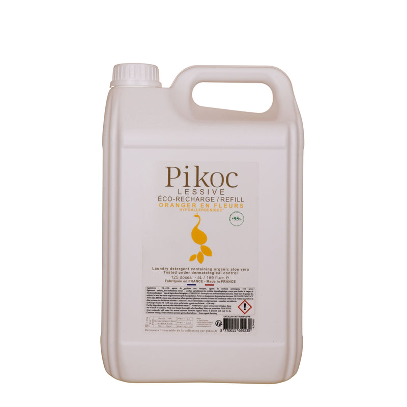 Détail réglementaire de l'Éco-recharge lessive 5L Pikoc Oranger en Fleurs