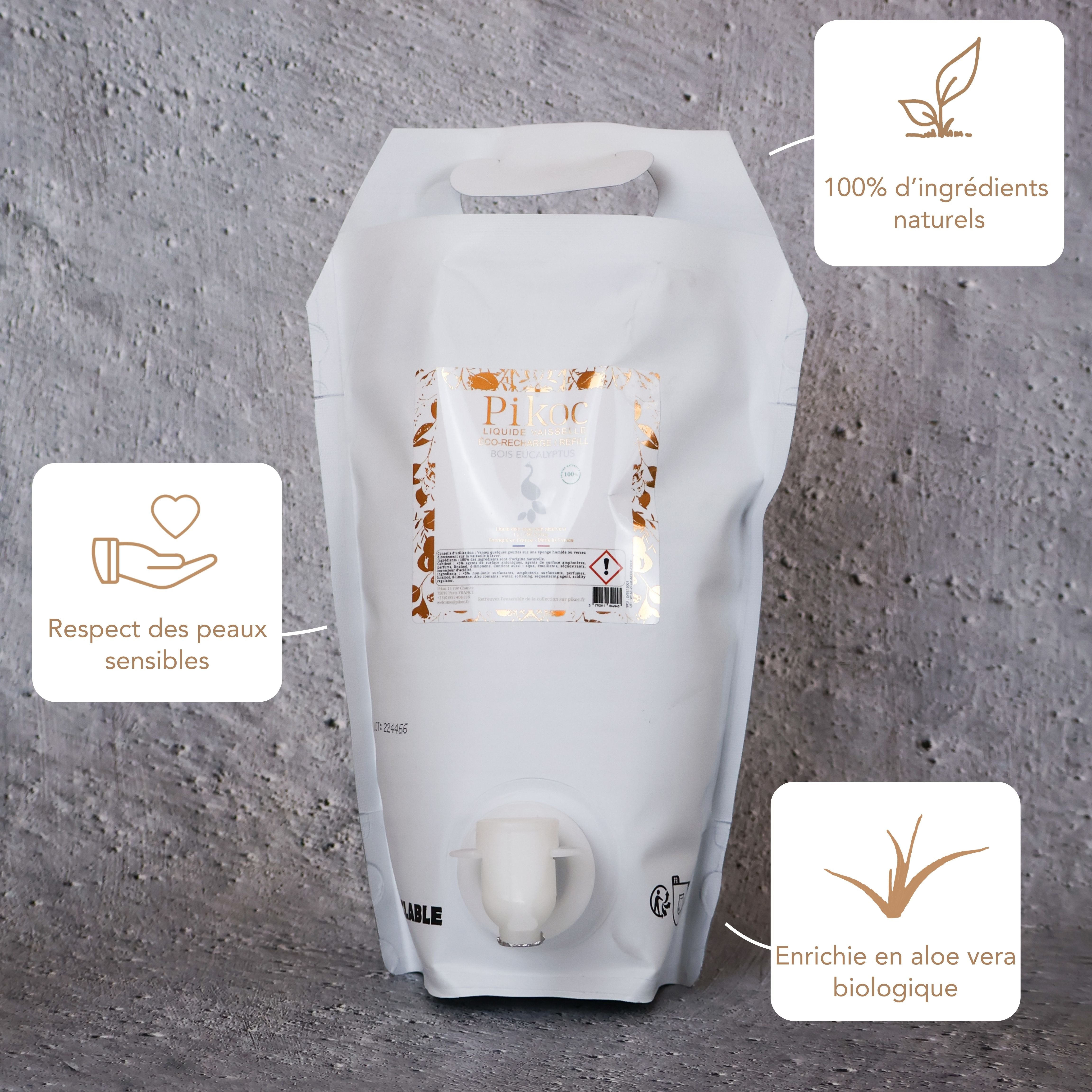 Éco-recharge Liquide vaisselle Pikoc Bois Eucalyptus, 1,5L, ingrédients naturels, respecte les peaux sensibles, enrichie en aloe vera