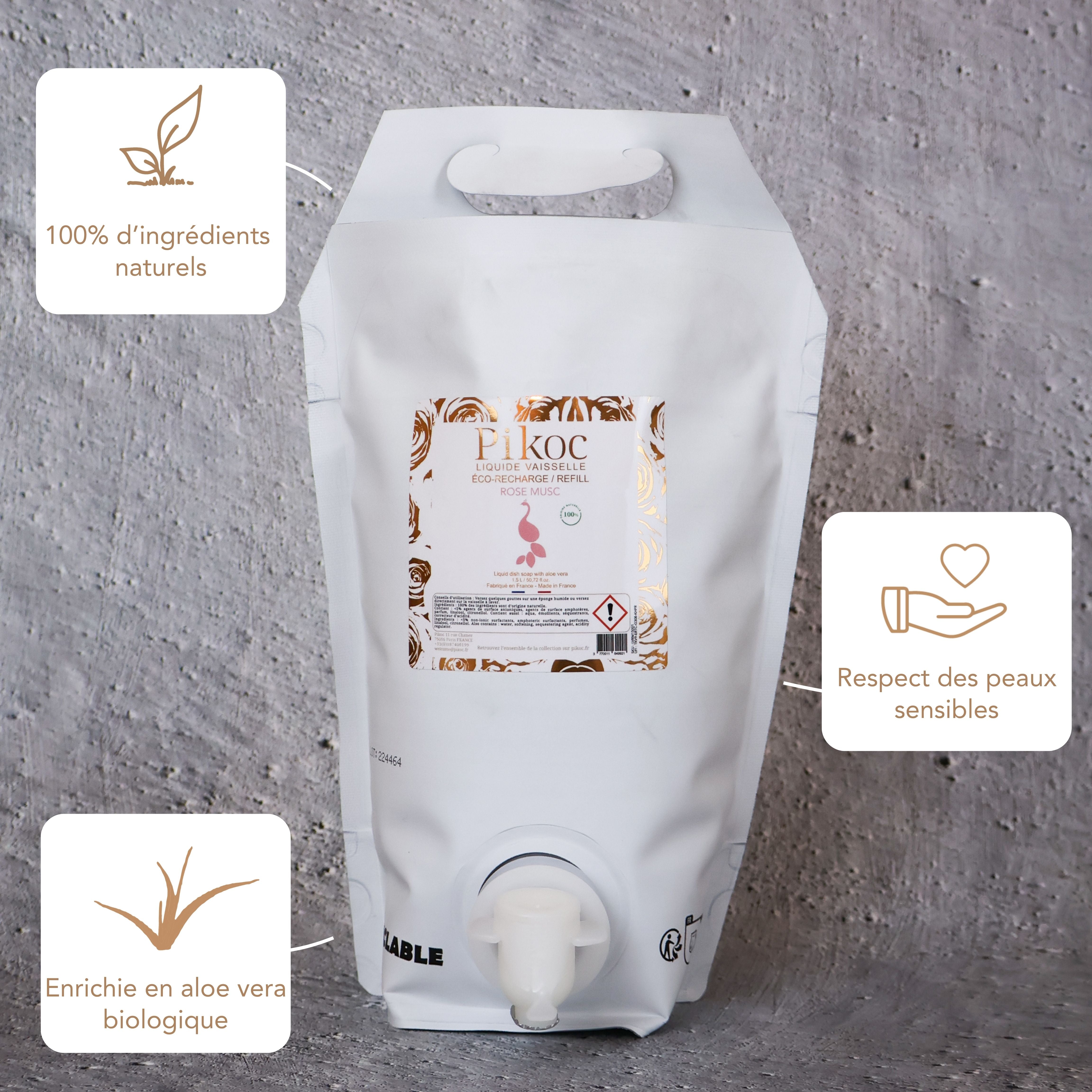 Éco-recharge Liquide vaisselle Pikoc Rose Musc, 1,5L, ingrédients naturels, respecte les peaux sensibles, enrichie en aloe vera