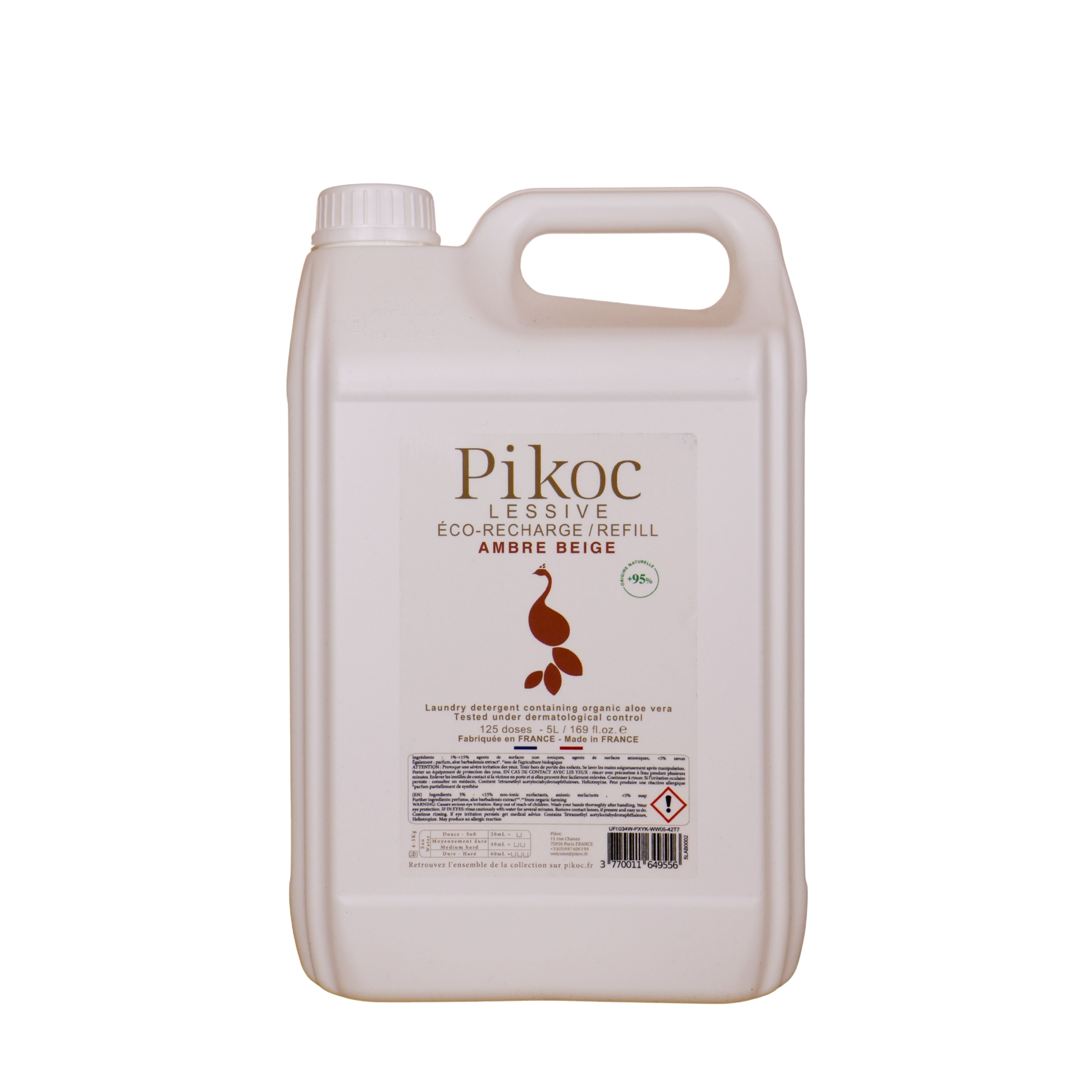 Détail réglementaire de l’Éco-recharge lessive 5L Pikoc Ambre Beige