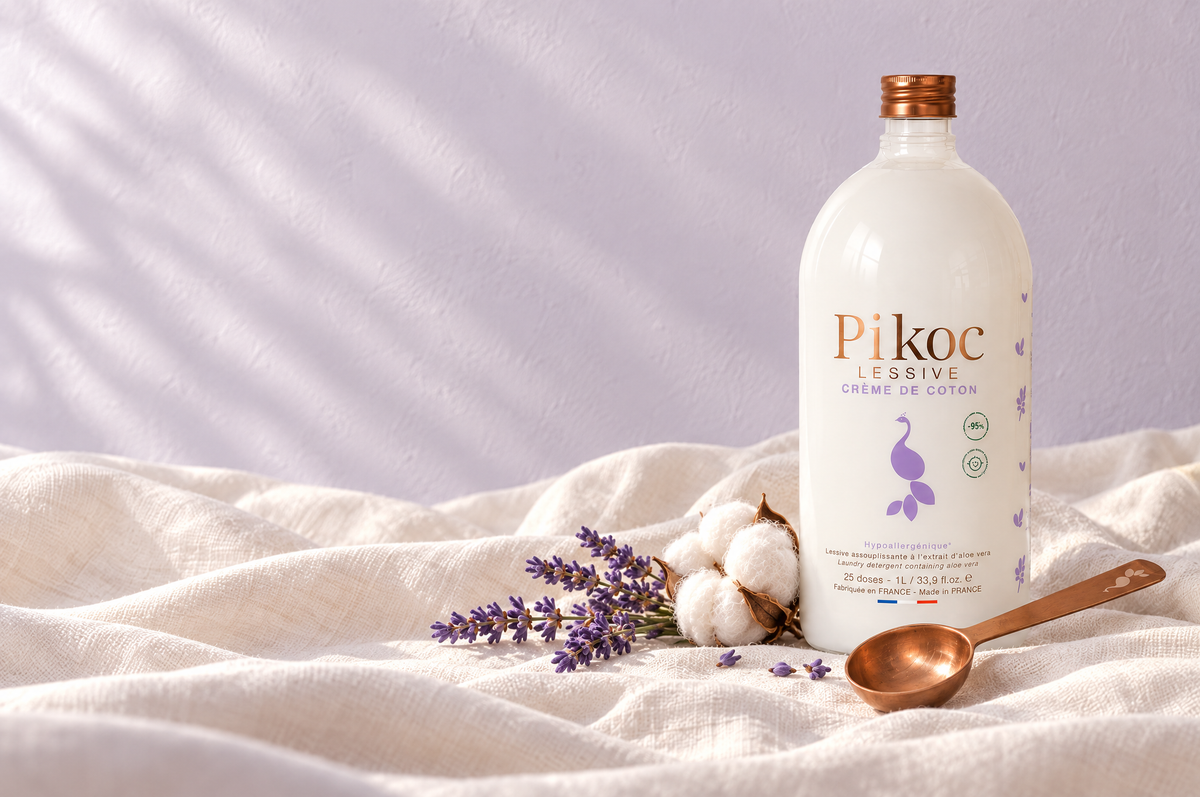 Lessive Pikoc Crème de Coton sur un drap de coton blanc, avec fleurs de coton, lavande et cuillère doseuse