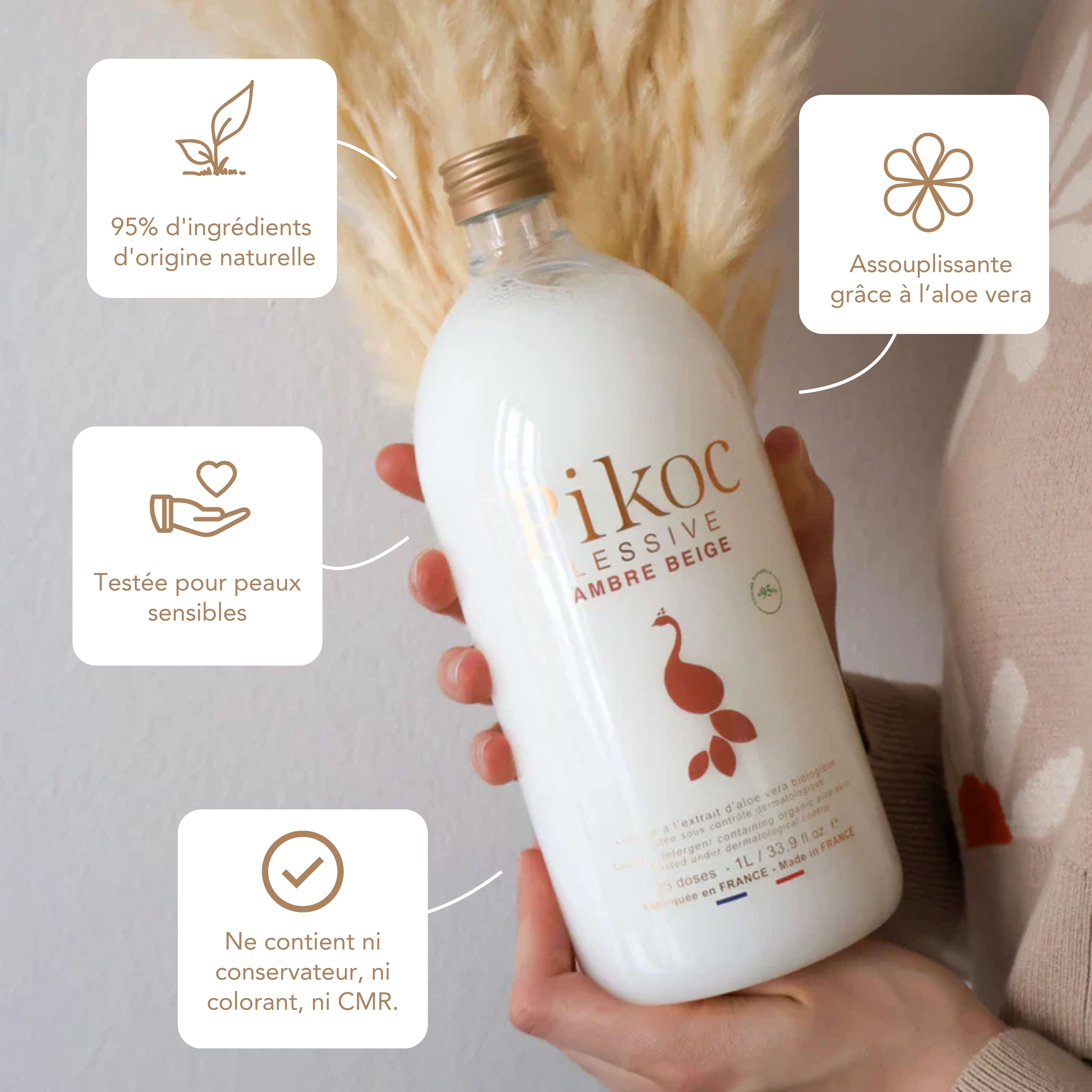 Lessive Pikoc Ambre Beige, 1L, origine naturelle, assouplissante grâce à l’aloe vera, testée pour peaux sensible, sans produits controversés