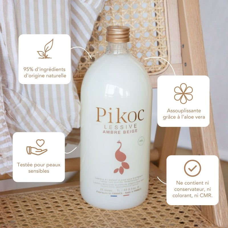 Lessive Pikoc Ambre Beige, 1L, origine naturelle, assouplissante grâce à l’aloe vera, testée pour peaux sensible, sans produits controversés