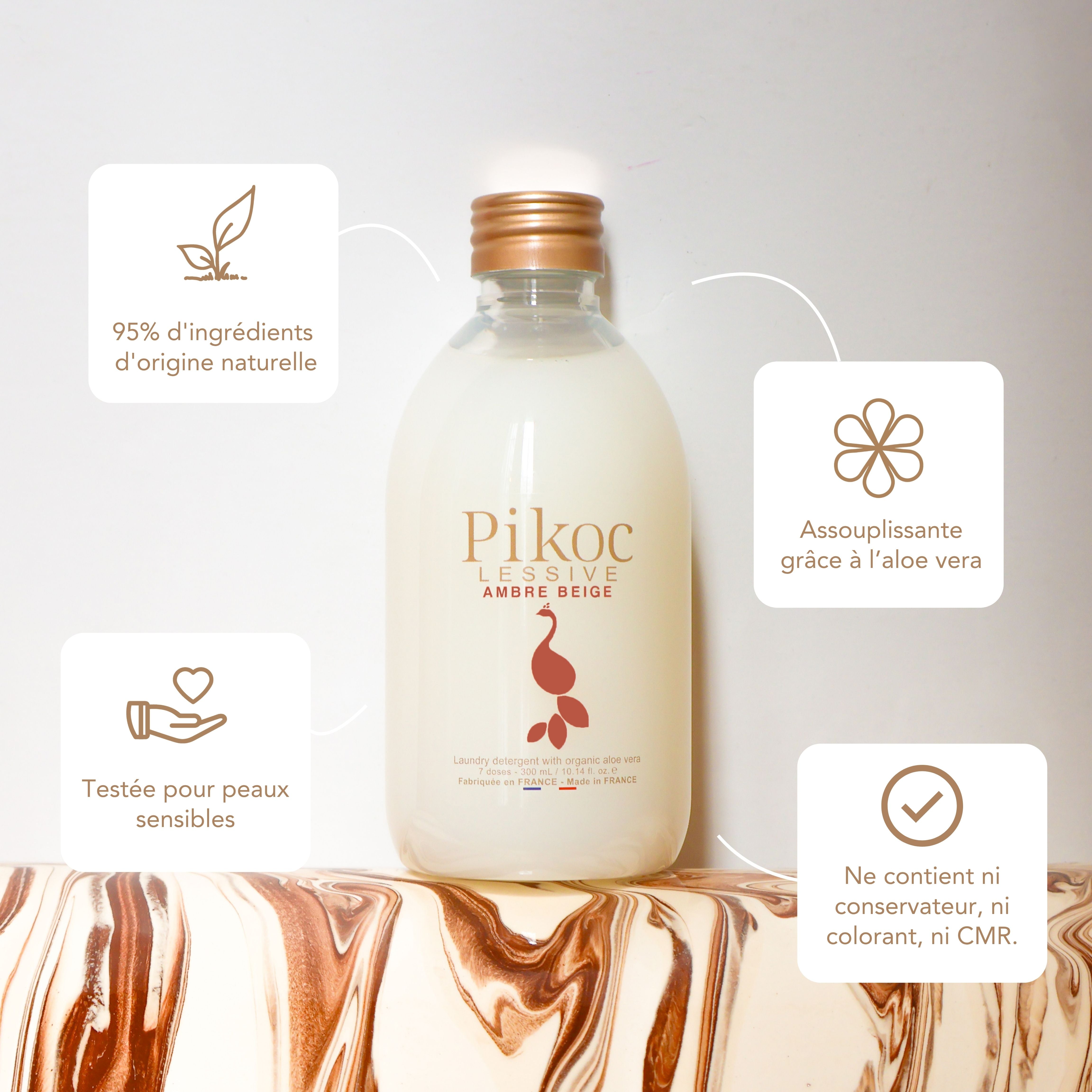 Lessive Pikoc Ambre Beige, 300mL, origine naturelle, assouplissante grâce à l’aloe vera, testée pour peaux sensible, sans produits controversés