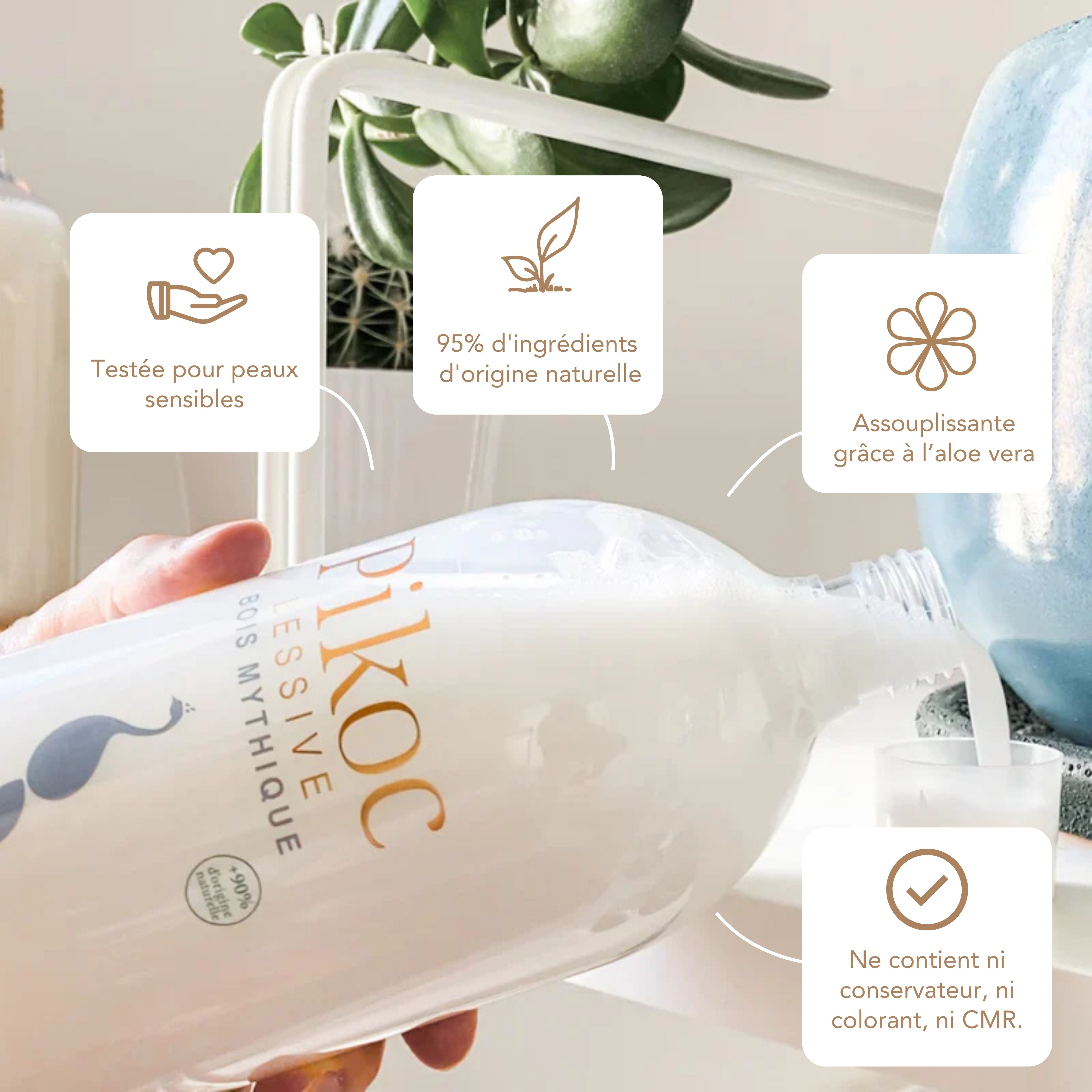 Lessive Pikoc Bois Mythique, 1L, origine naturelle, assouplissante grâce à l’aloe vera, testée pour peaux sensible, sans produits controversés