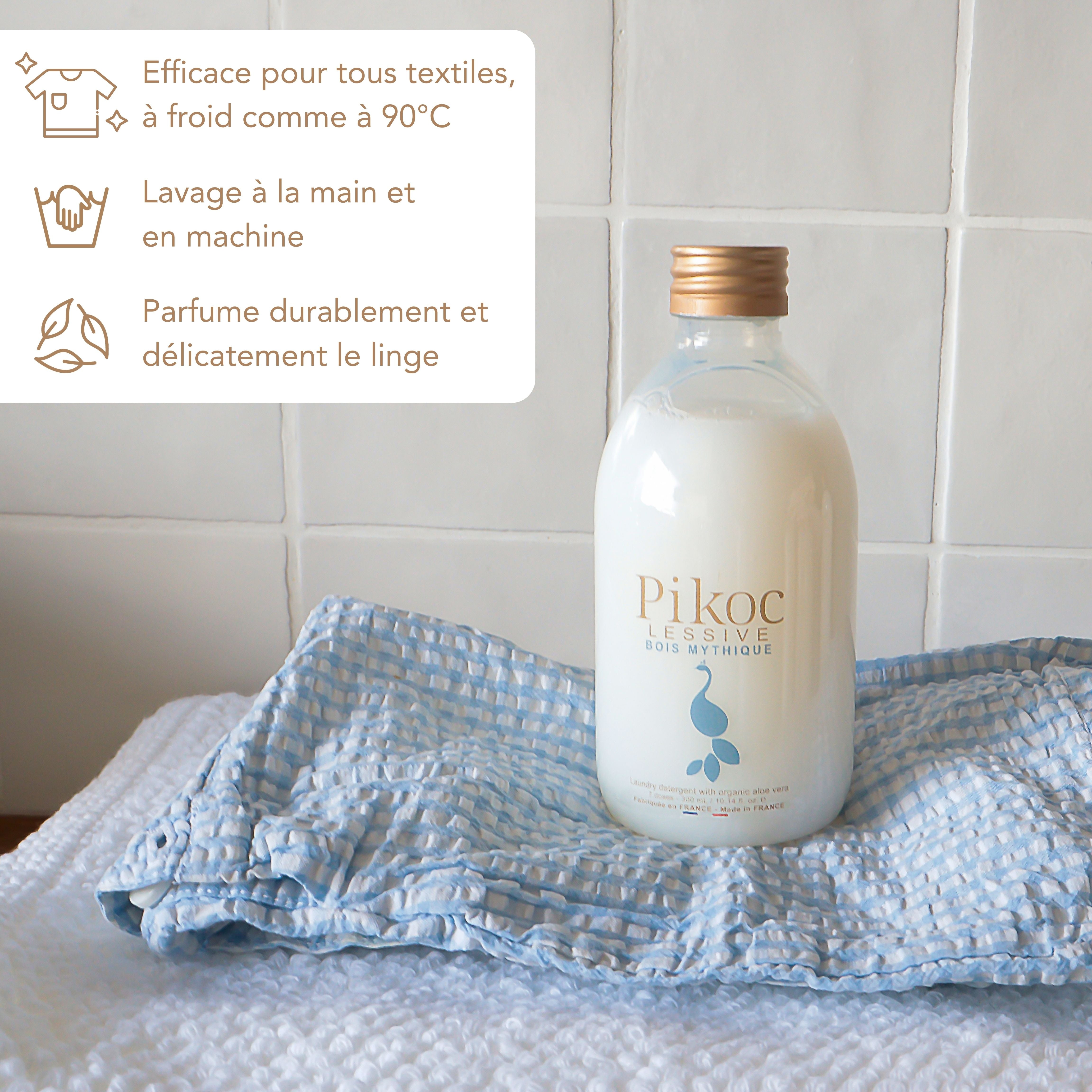 Lessive Pikoc Bois Mythique, 300mL, efficace pour tous textiles, à froid comme à 90°C, lavage à la main et en machine, parfume durablement et délicatement le linge