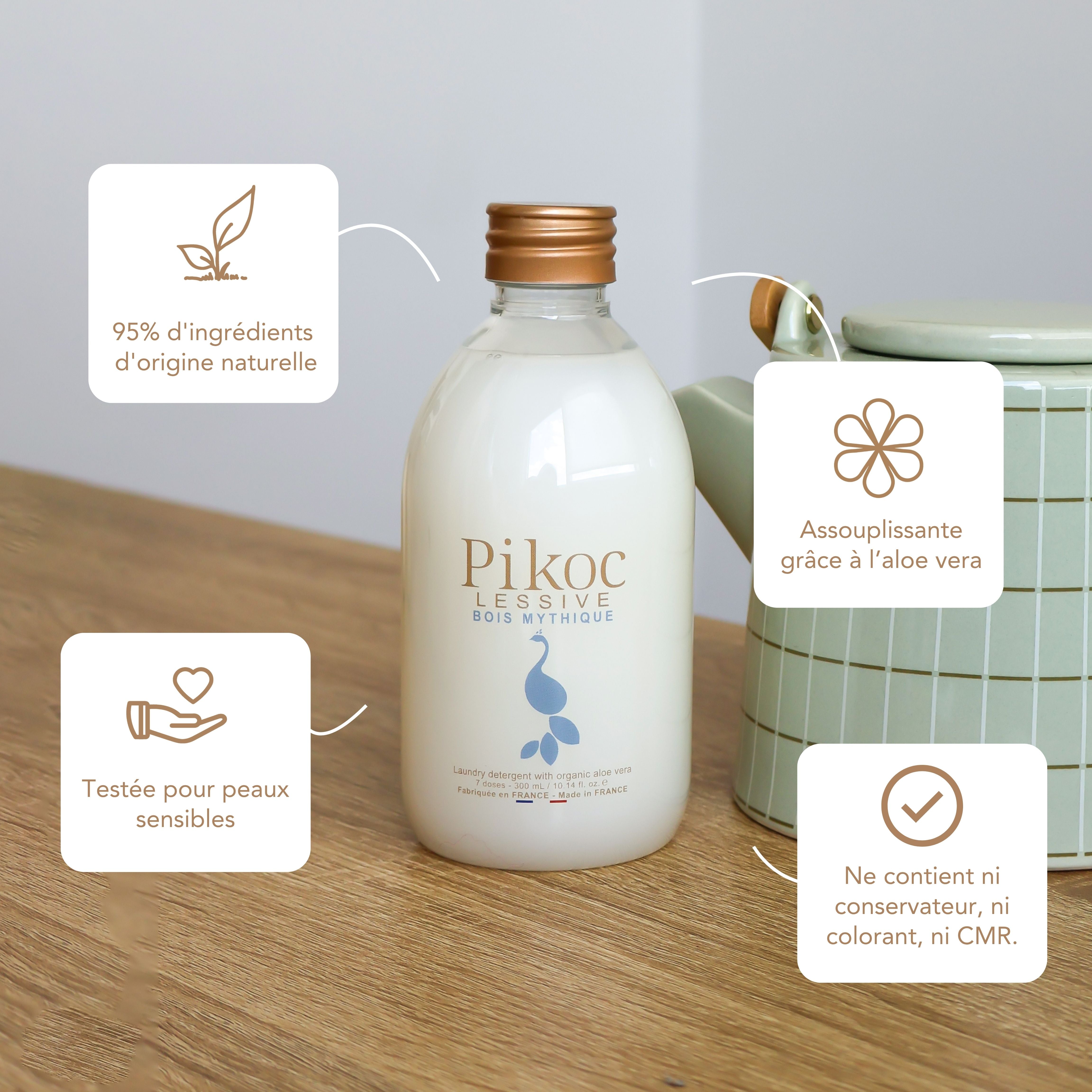 Lessive Pikoc Bois Mythique, 300mL, origine naturelle, assouplissante grâce à l’aloe vera, testée pour peaux sensible, sans produits controversés