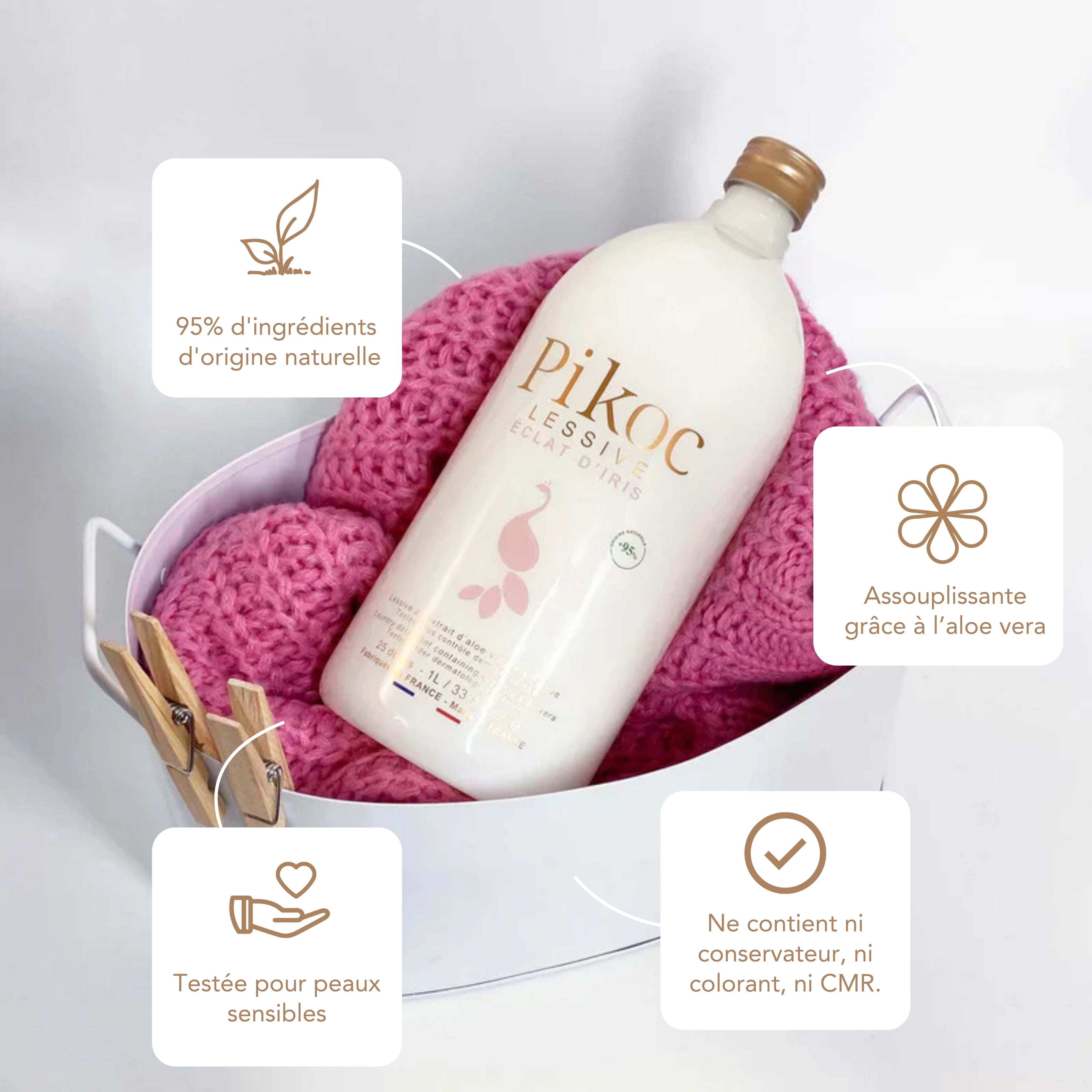 Lessive Pikoc Éclat d’Iris, 1L, origine naturelle, assouplissante grâce à l’aloe vera, testée pour peaux sensible, sans produits controversés