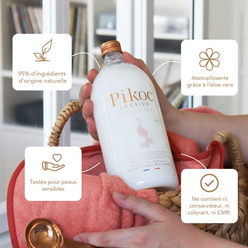 Lessive Pikoc Éclat d’Iris, 1L, origine naturelle, assouplissante grâce à l’aloe vera, testée pour peaux sensible, sans produits controversés