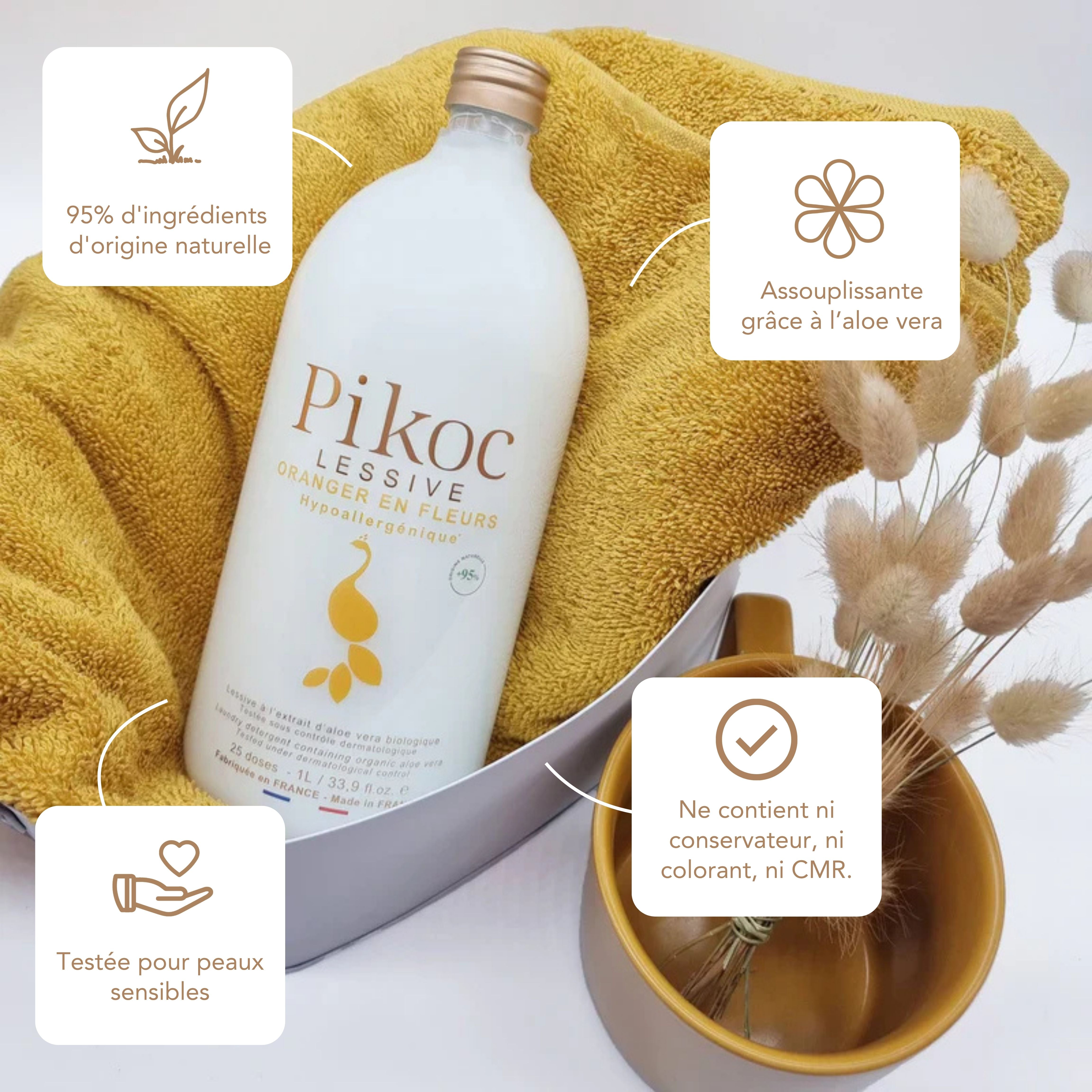Lessive Pikoc Oranger en Fleurs, 1L, origine naturelle, assouplissante grâce à l’aloe vera, testée pour peaux sensible, sans produits controversés