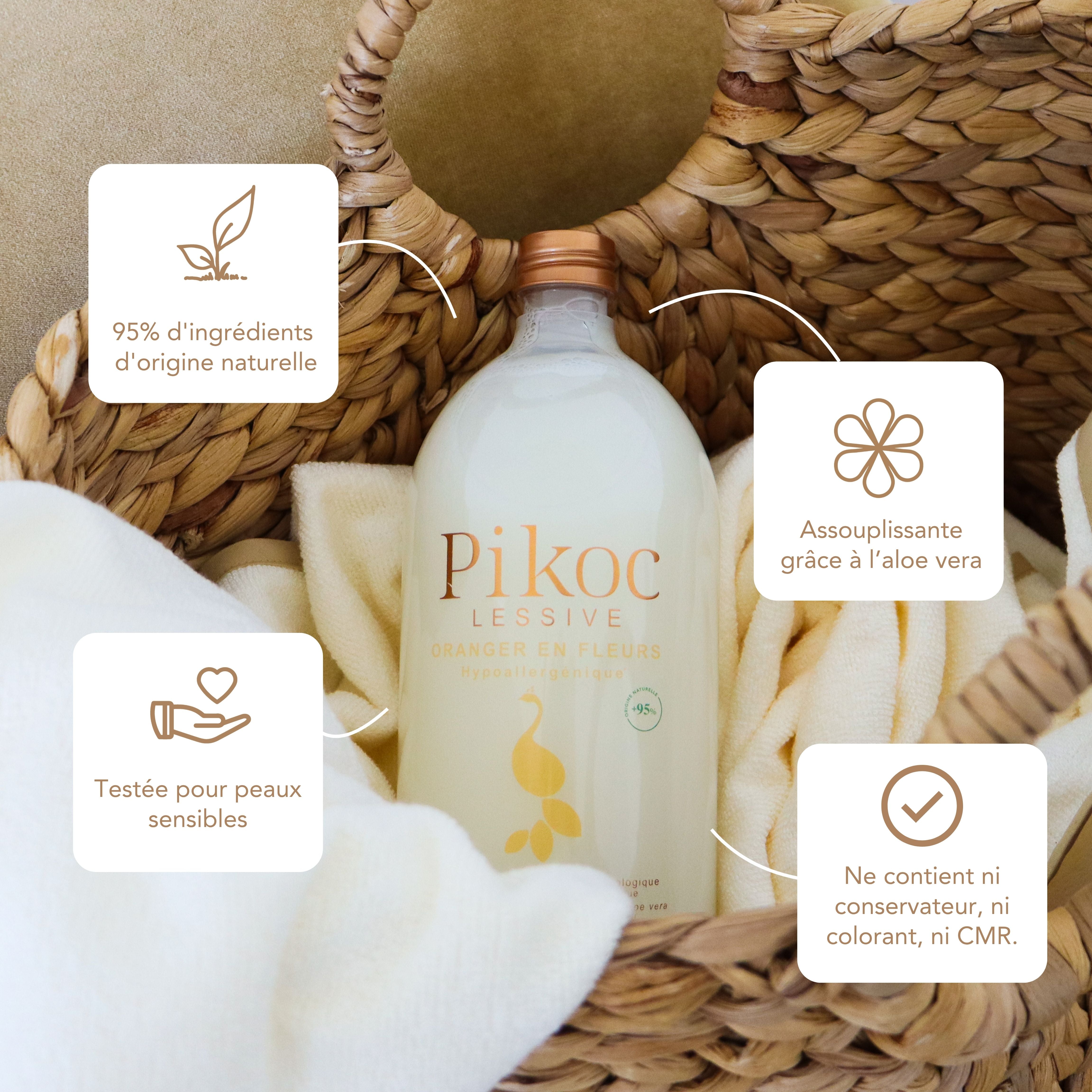 Lessive Pikoc Oranger en Fleurs, 1L, origine naturelle, assouplissante grâce à l’aloe vera, testée pour peaux sensible, sans produits controversés