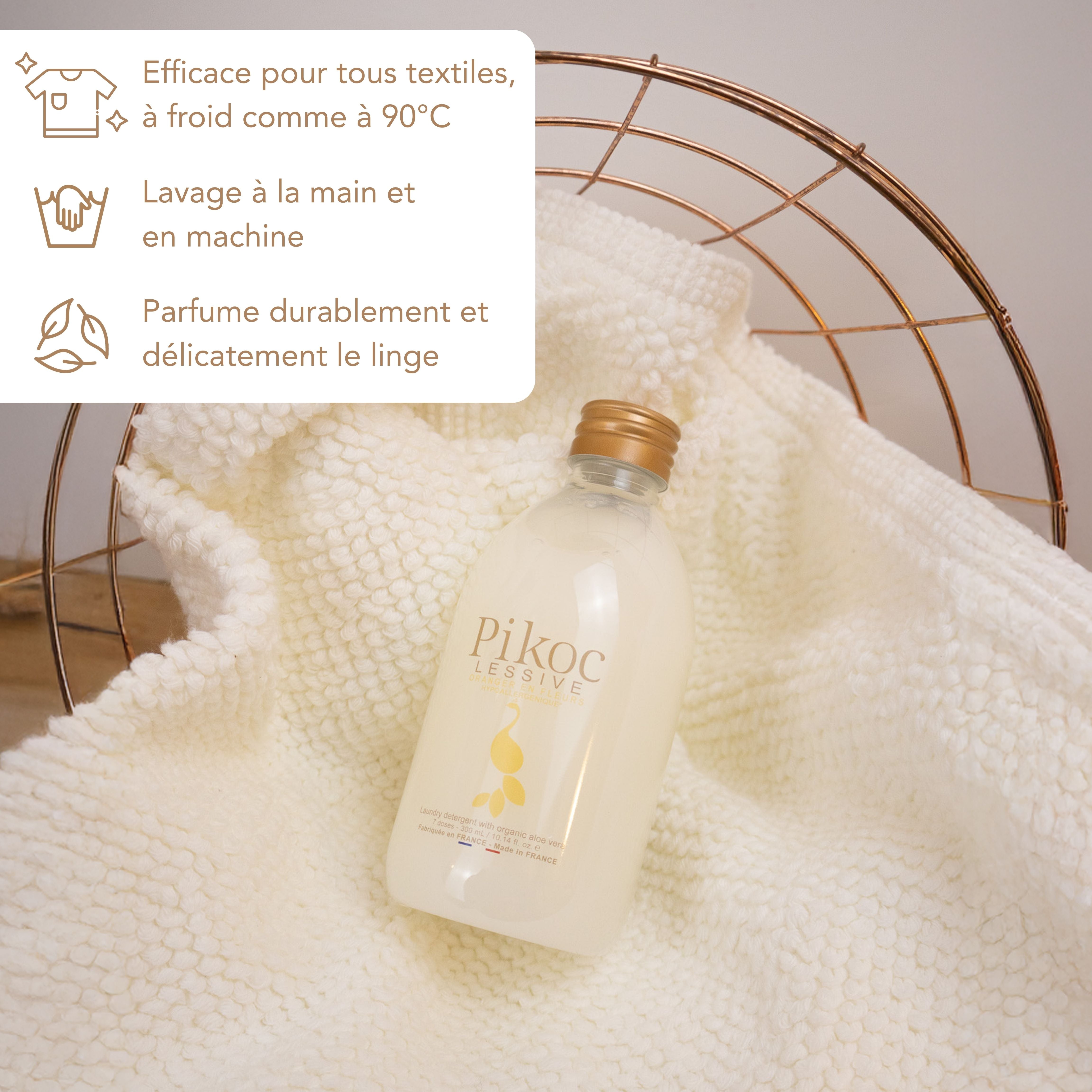 Lessive Pikoc Oranger en Fleurs, 300mL, efficace pour tous textiles, à froid comme à 90°C, lavage à la main et en machine, parfume durablement et délicatement le linge
