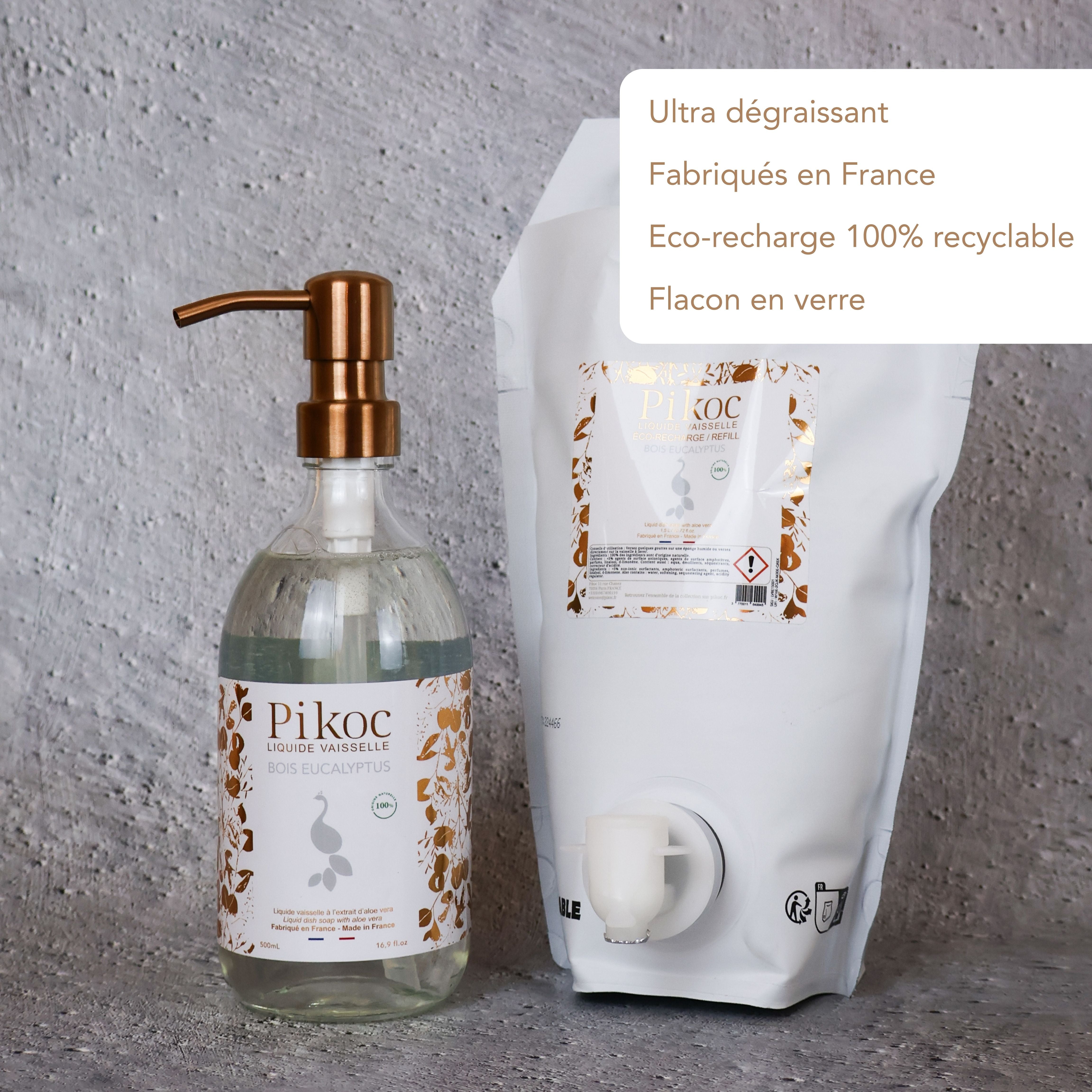 Liquide vaisselle et Éco-recharge Pikoc Bois Eucalyptus, 490mL et 1,5L, ultra dégraissant, fabriqués en France, Éco-recharge 100% recyclable, flacon en verre