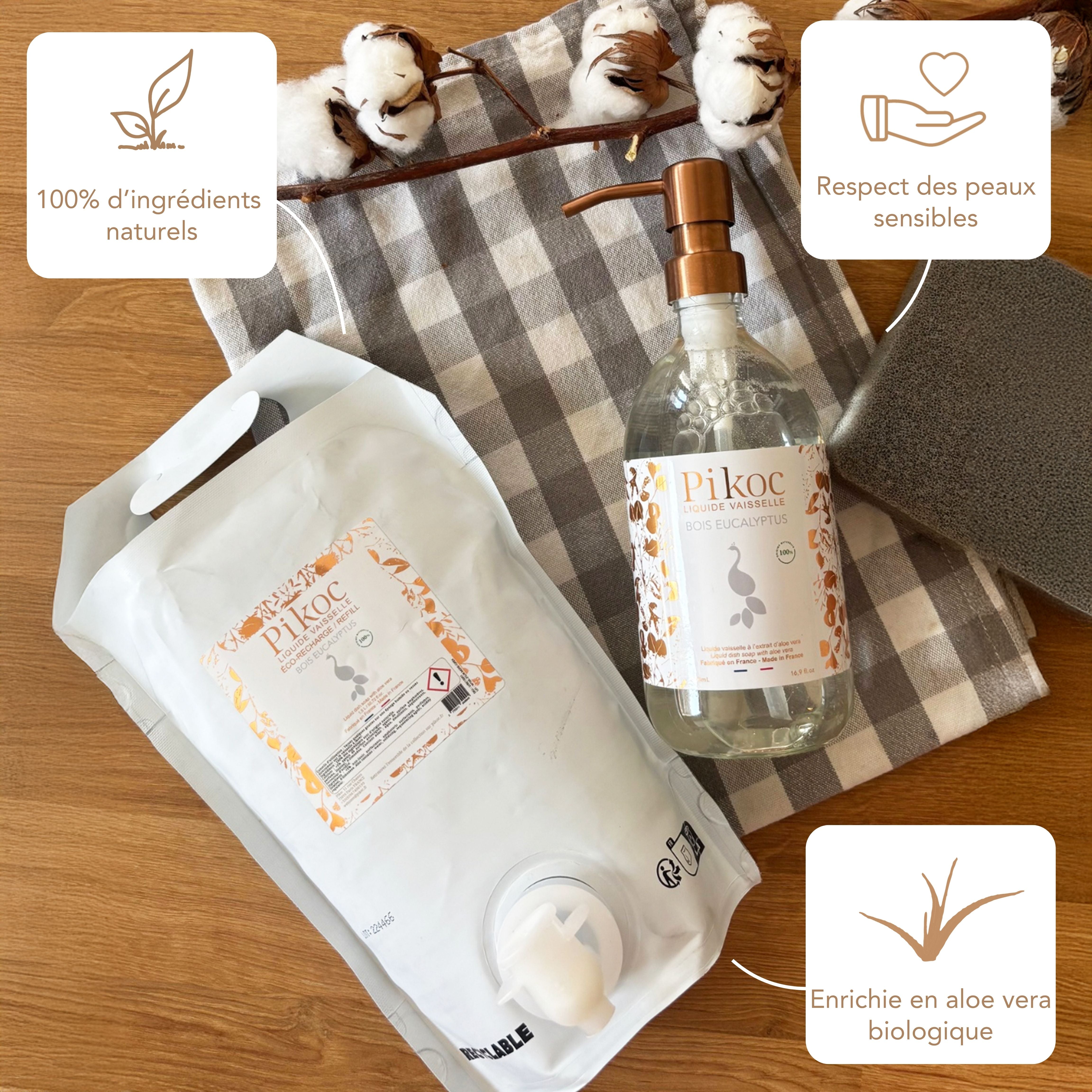 Liquide vaisselle et Éco-recharge Pikoc Bois Eucalyptus, 490mL et 1,5L, ingrédients naturels, respecte les peaux sensibles, enrichie en aloe vera