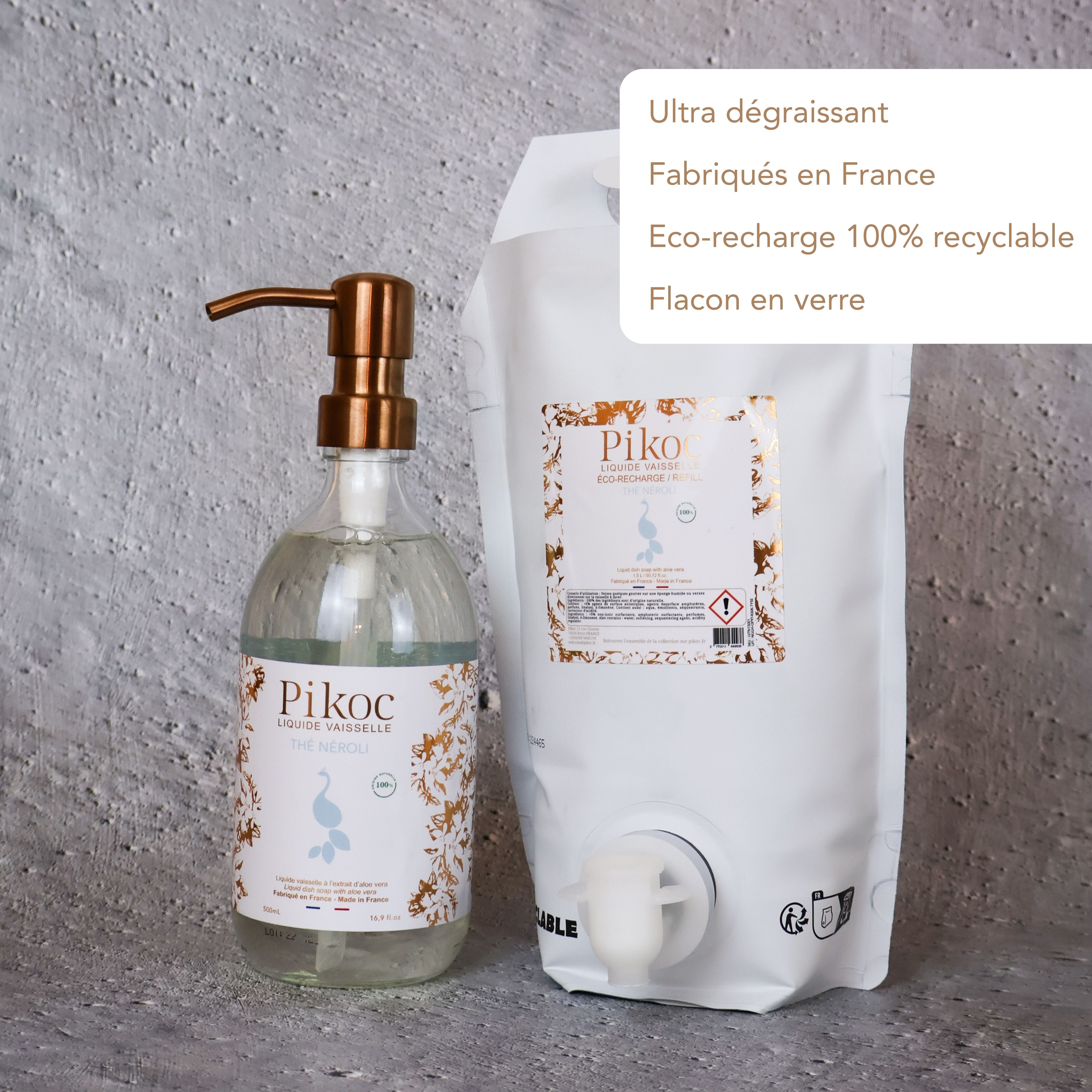 Liquide vaisselle et Éco-recharge Pikoc Thé Néroli, 490mL et 1,5L, ultra dégraissant, fabriqués en France, Éco-recharge 100% recyclable, flacon en verre