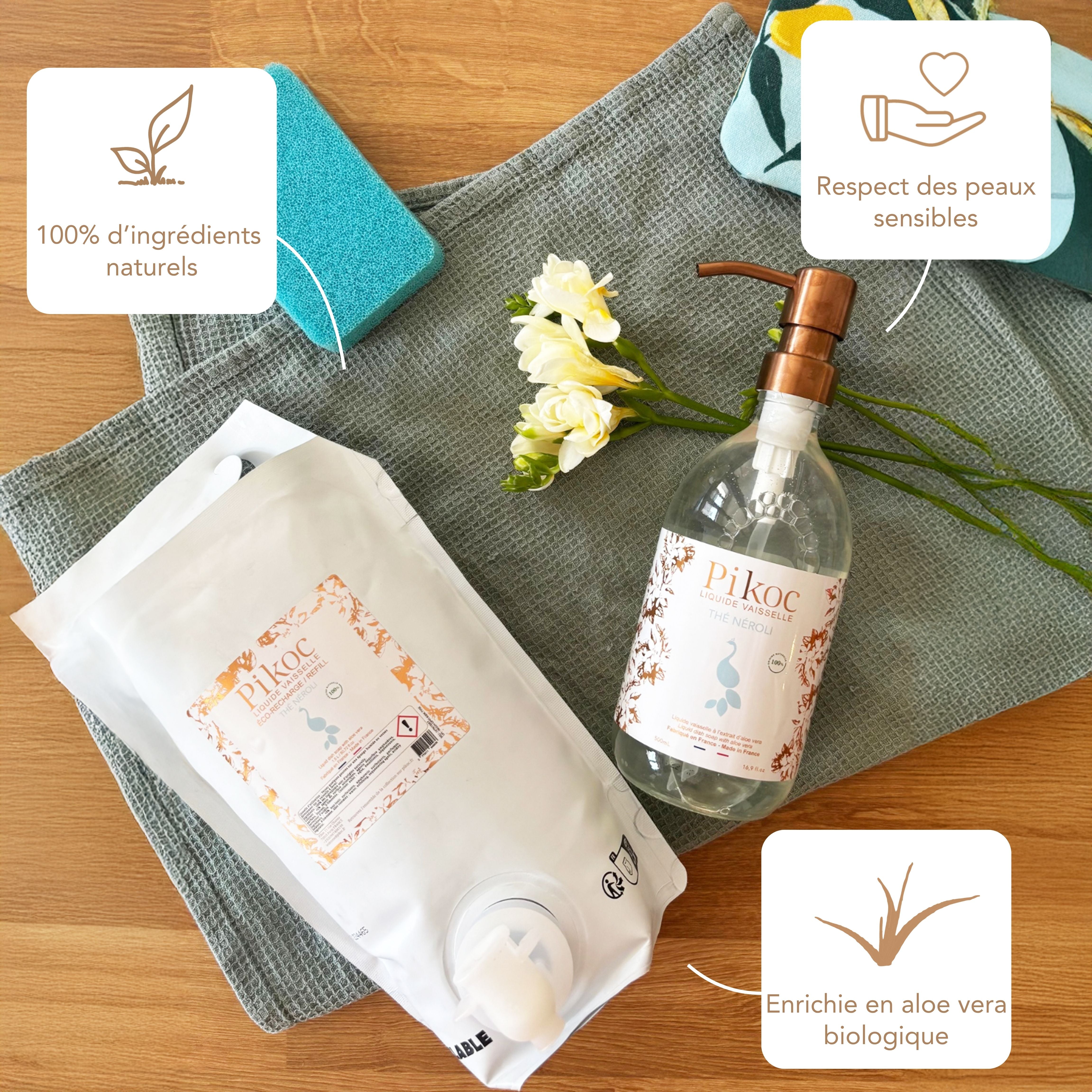 Liquide vaisselle et Éco-recharge Pikoc Thé Néroli, 490mL et 1,5L, ingrédients naturels, respecte les peaux sensibles, enrichie en aloe vera
