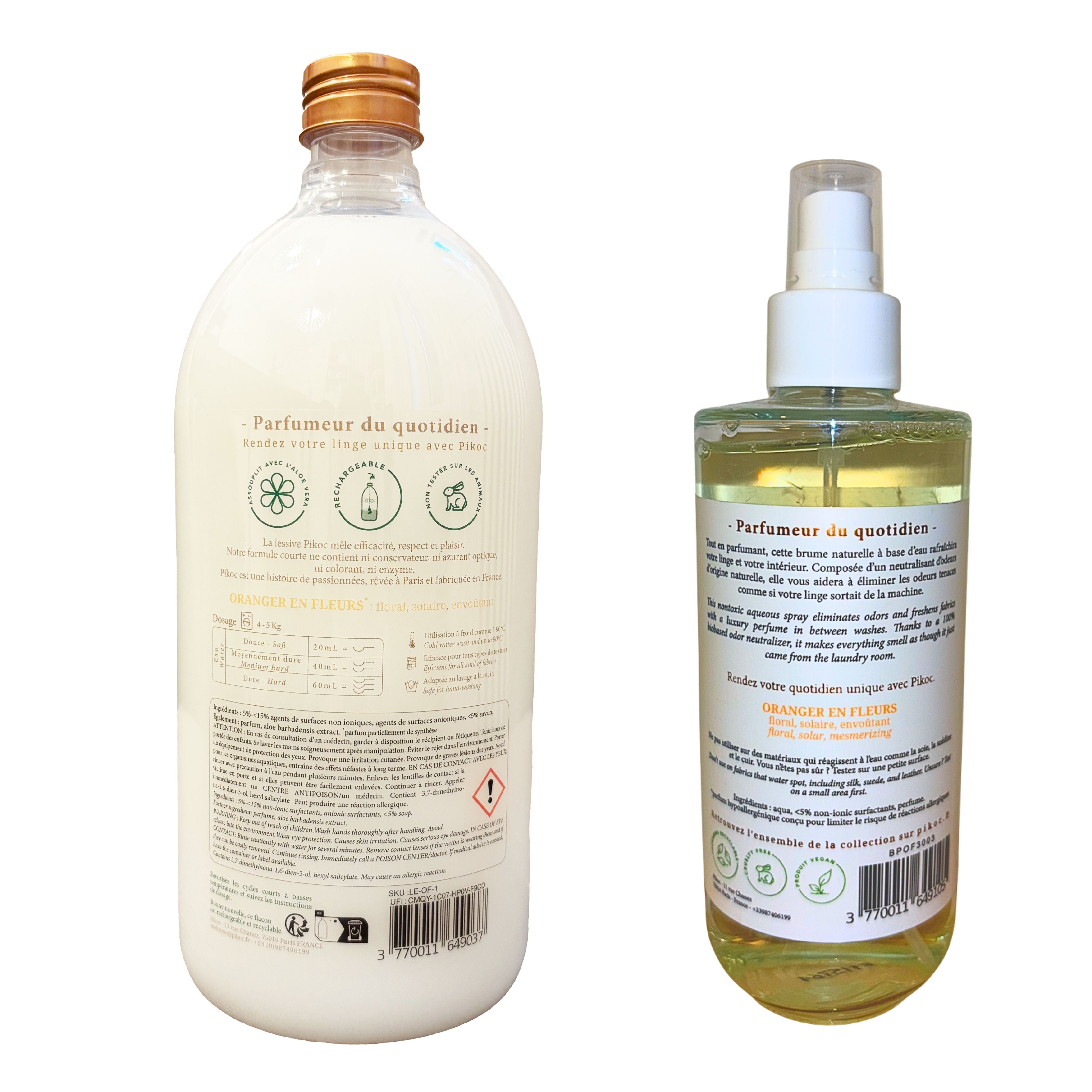 Détail réglementaire de la lessive 1L et de la brume parfumée 200mL Pikoc Oranger en Fleurs