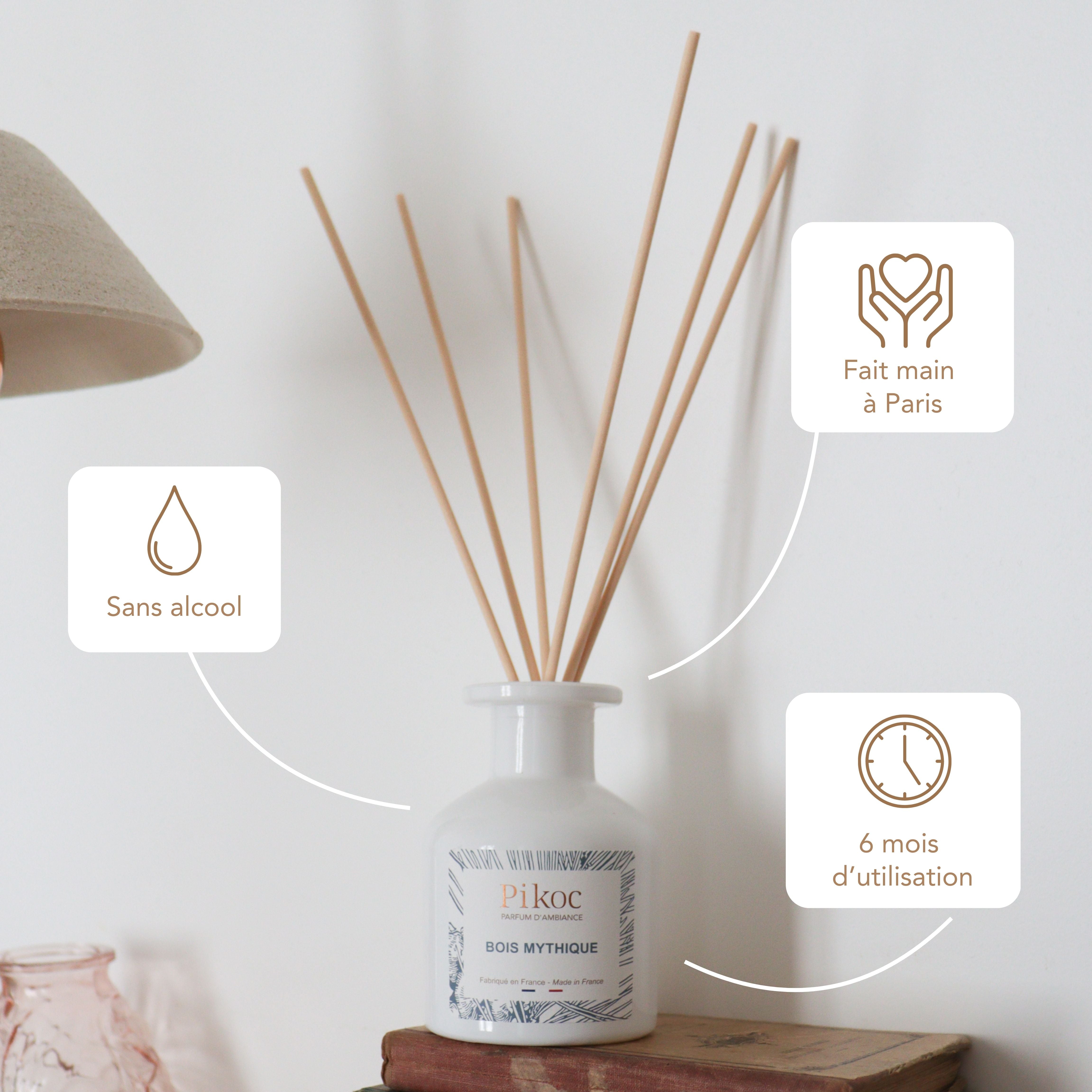Parfum d’ambiance Pikoc Bois Mythique, 150mL, sans alcool, fait main à Paris, 6 mois d’utilisation