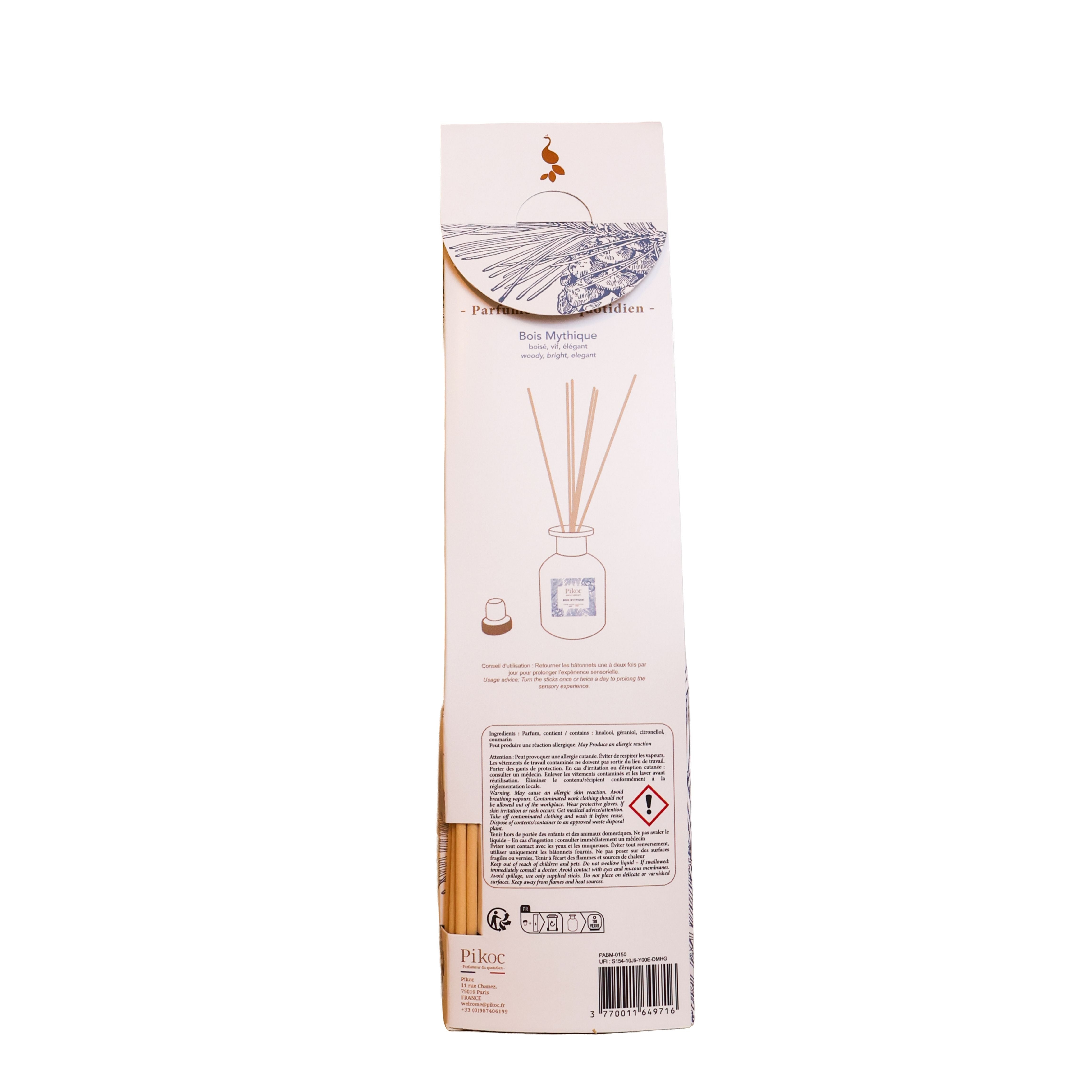 Détail réglementaire du parfum d’ambiance Pikoc Bois Mythique